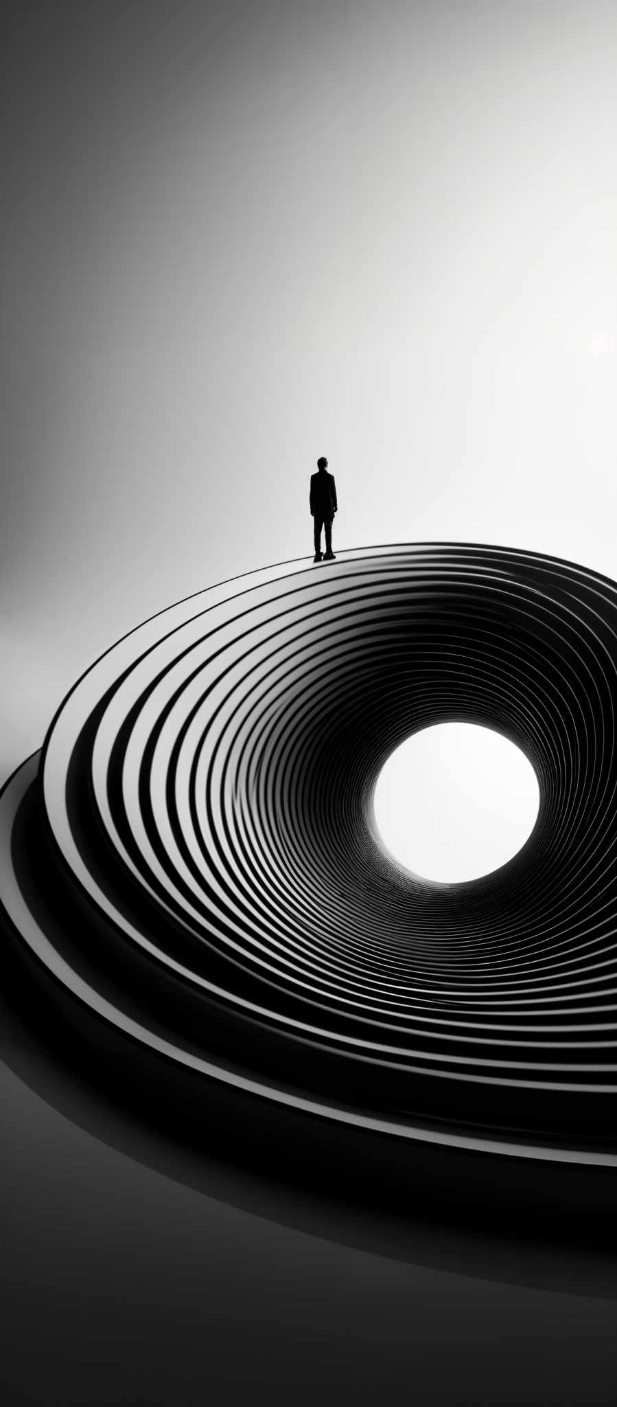 The image predominantly features monochromatic shades of black, white, and gray. It showcases a series of concentric, spiraling rings that appear to be made of a smooth material. These rings are layered and recede into the distance, creating a sense of depth. At the center of these rings is a large, circular opening or void. A silhouette of a person stands atop one of the rings, looking into the void. The overall composition gives a surreal and contemplative feel, emphasizing the contrast between the solid rings and the open space within.