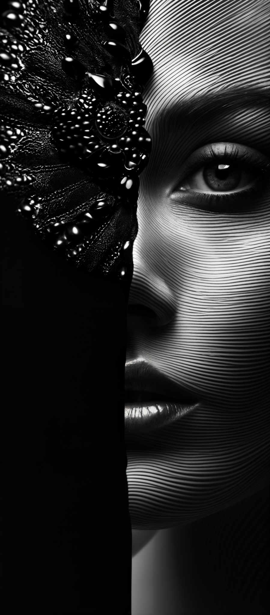 The image is predominantly in black and white. On the left side, there's a textured, almost feathered pattern with a dark hue, resembling a fan or a wing. The right side of the image showcases a close-up of a face, with intricate lines and patterns on the skin, emphasizing the contours of the eye, nose, and lips. The eye is particularly detailed, with a reflective quality, and the lips have a glossy finish.