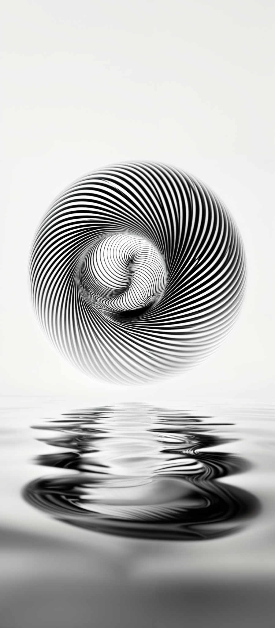 The image showcases a black and white abstract design. The primary shape is an oval or elliptical form that appears to be spiraling inward, creating a vortex-like effect. The spiral is made up of concentric, swirling lines that give the illusion of movement and depth. The design is reflected in what seems to be a body of water below, creating ripples that mirror the spiral's pattern.