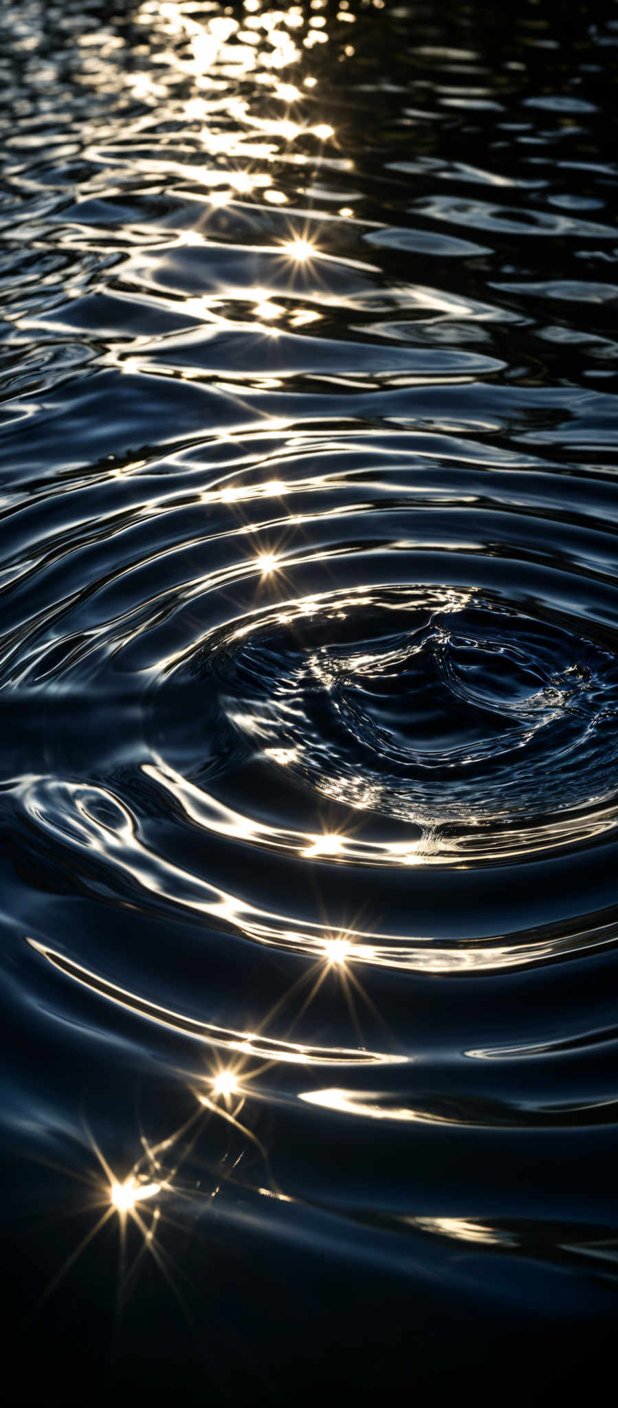 The image showcases a close-up view of water, capturing the ripples caused by a disturbance, possibly a droplet or a small object. The water reflects the light, creating a shimmering effect. The color palette is dominated by deep blues and blacks, with highlights of bright gold and white from the sunlight reflecting off the water's surface. The ripple patterns are concentric, with the central disturbance being the focal point, surrounded by a series of radiating waves.