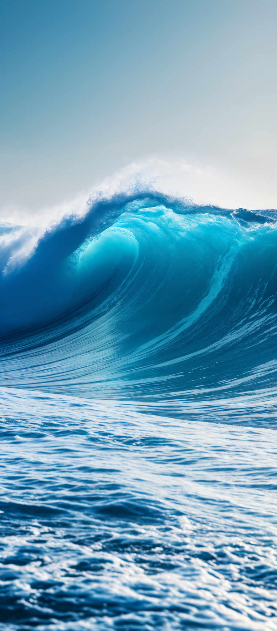 The image showcases a large, powerful wave in the ocean. The wave is a vibrant shade of turquoise, with a clear blue hue near the top, transitioning to a deeper blue as it nears the bottom. The crest of the wave is white, indicating the foam and turbulence. The shape of the waves is curved, with the wave rising and falling, creating a sense of motion and energy. The background reveals the vast expanse of the ocean with a hint of the horizon.