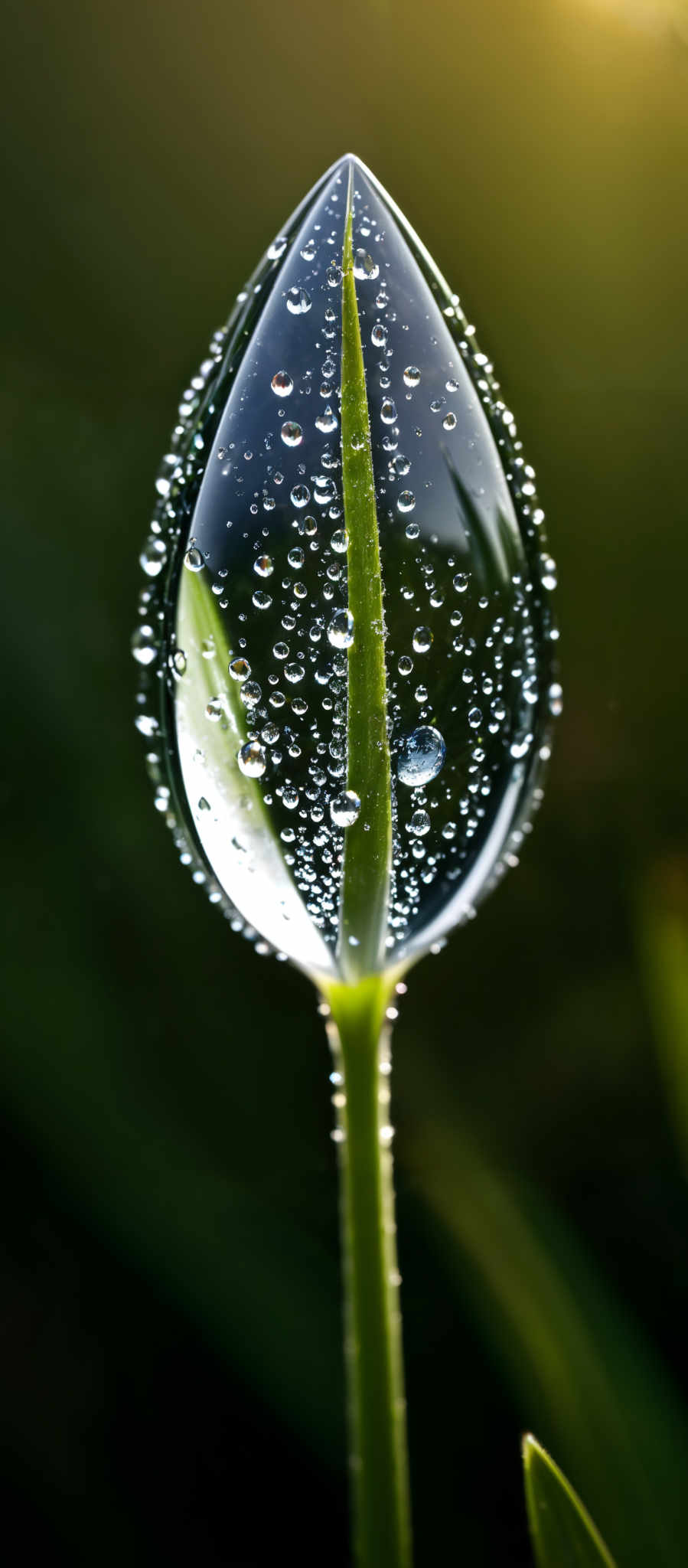 The image showcases a dew-covered droplet, which is teardrop-shaped and transparent. It captures a magnified view of a green stem with tiny water droplets on it. Within the droplett, there's a reflection of the stem and a few smaller dropleTS, giving a crystalline appearance. The background is blurred with a green hue, suggesting a natural setting, possibly a garden or meadow during early morning or late afternoon when dew forms.