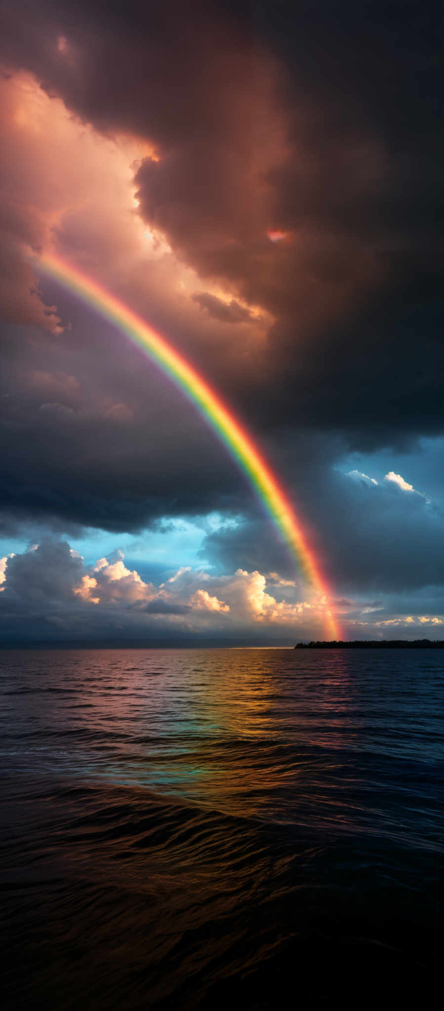 The image showcases a vibrant rainbow arcing across a vast body of water, with its colors ranging from deep reds and oranges at the top to lighter blues and greens at the bottom. The sky above is a mix of dark stormy clouds and patches of lighter clouds, reflecting the colors of the rainbow. The water below mirrors the colors and patterns of the sky, with gentle ripples creating a shimmering effect.