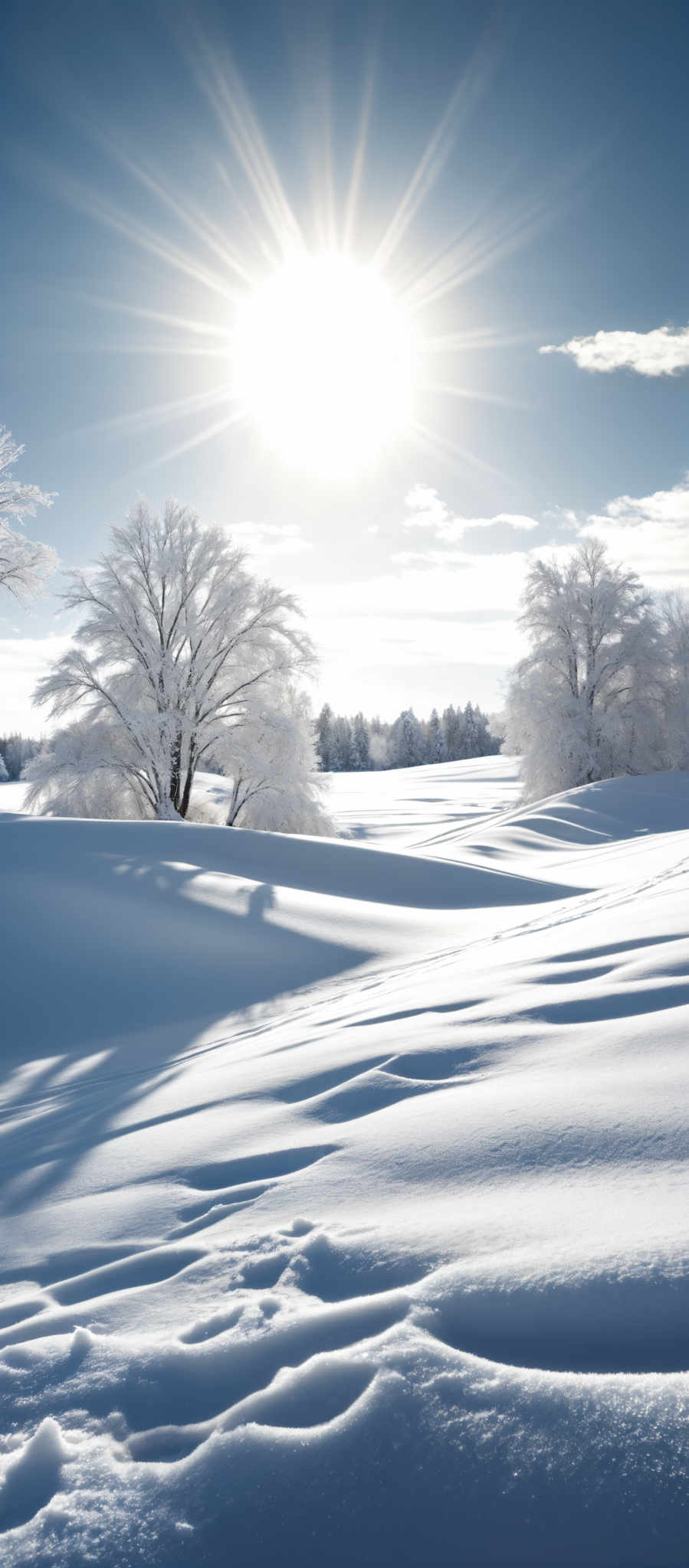 The image showcases a breathtaking winter landscape. Dominating the scene is a vast expanse of pristine snow, which is undulating and has patterns formed by the wind. The snow is bright white, reflecting the sunlight. In the foreground, there are footprints in the snow, suggesting recent movement. Trees, covered in a thick layer of snow, stand tall and are frosted with rime ice, giving them a crystalline appearance. The sky is clear with a radiant sun shining brightly, casting its rays and creating a dazzling effect. The sun's position is high, suggesting it's either mid-morning or mid-afternoon.