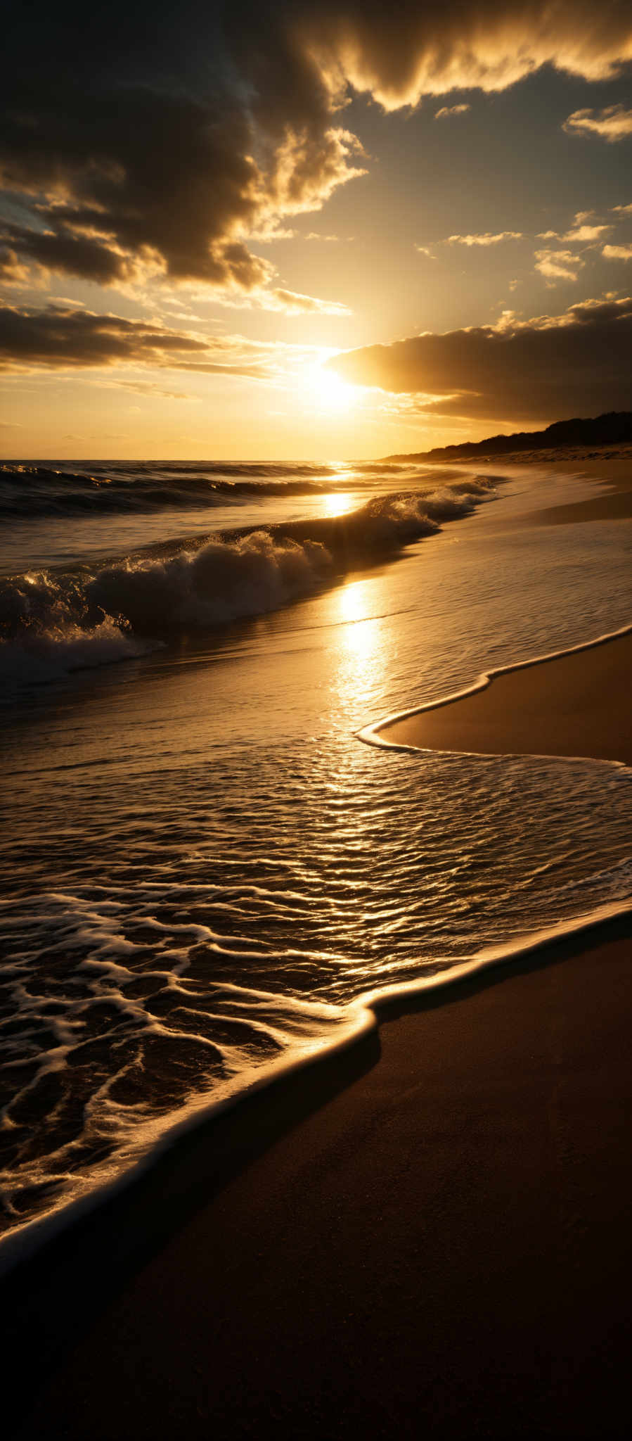 The image showcases a breathtaking sunset at a beach. The sun is positioned near the horizon, casting a golden hue over the scene. The sky is painted with shades of orange, gold, and deep blue, with scattered clouds reflecting the sun's light. The waves crash onto the sandy beach, creating white foam. The beach itself is dark, contrasting with the shimmering water. In the distance, there's a silhouette of a landform, possibly a hill or a cliff.