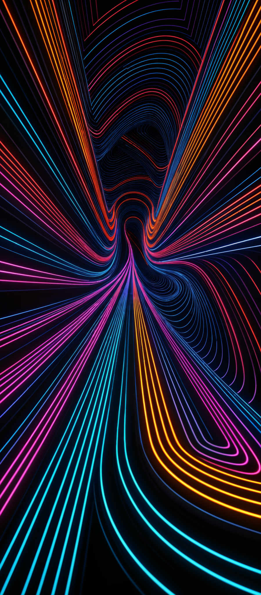 The image showcases a vibrant and dynamic visual of intertwined neon lines. These lines are colored in a spectrum of hues, including deep blues, bright oranges, and radiant pinks. They form intricate patterns, creating a sense of depth and perspective, as they converge towards a central point. The overall design gives an impression of a futuristic or abstract representation, reminiscent of a high-energy, electronic environment or perhaps a visual representation of data flow.