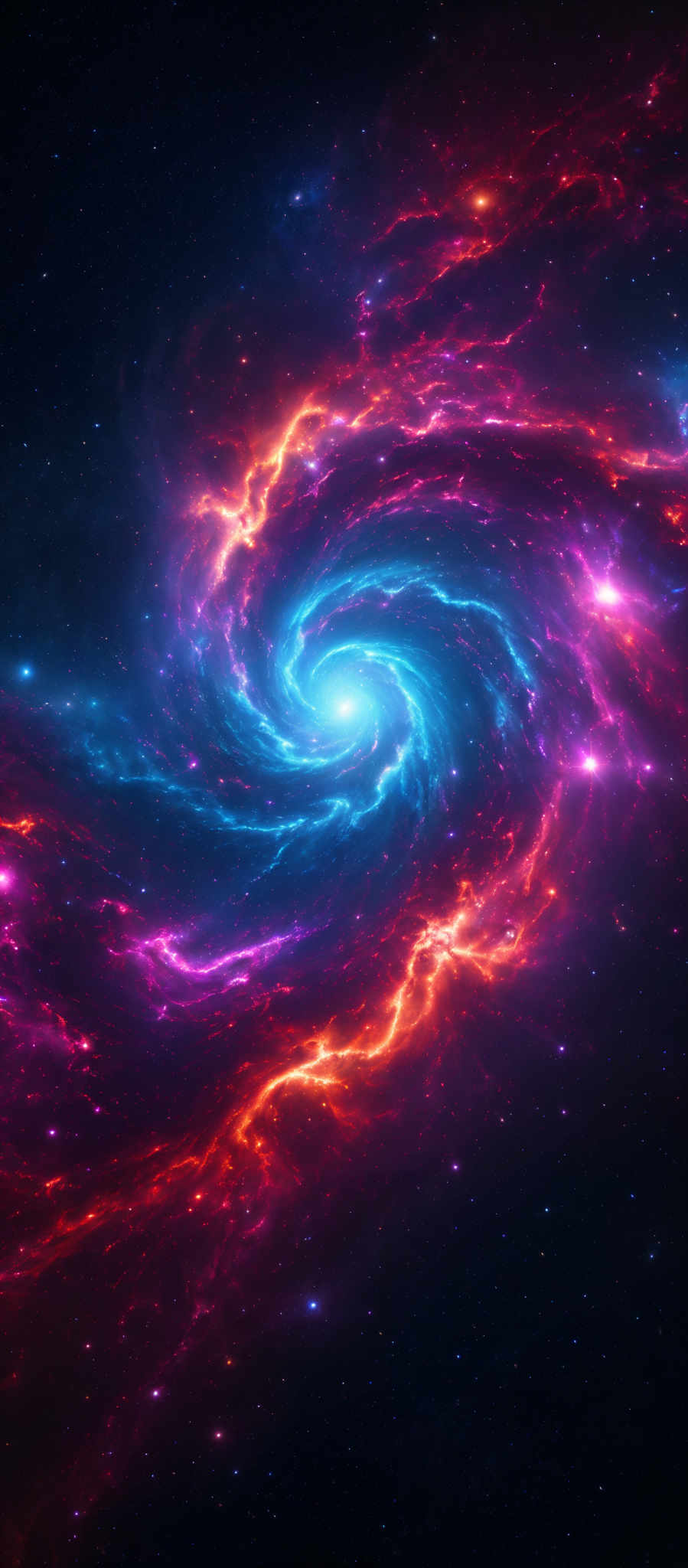 The image showcases a mesmerizing cosmic scene with vibrant colors. Dominating the center is a swirling spiral galaxy, radiating a brilliant blue hue. Surrounding the galaxy are vivid streaks of red, pink, and purple, possibly representing cosmic dust and gases illuminated by nearby stars. The background is dotted with numerous distant stars, adding depth and dimension to the scene.