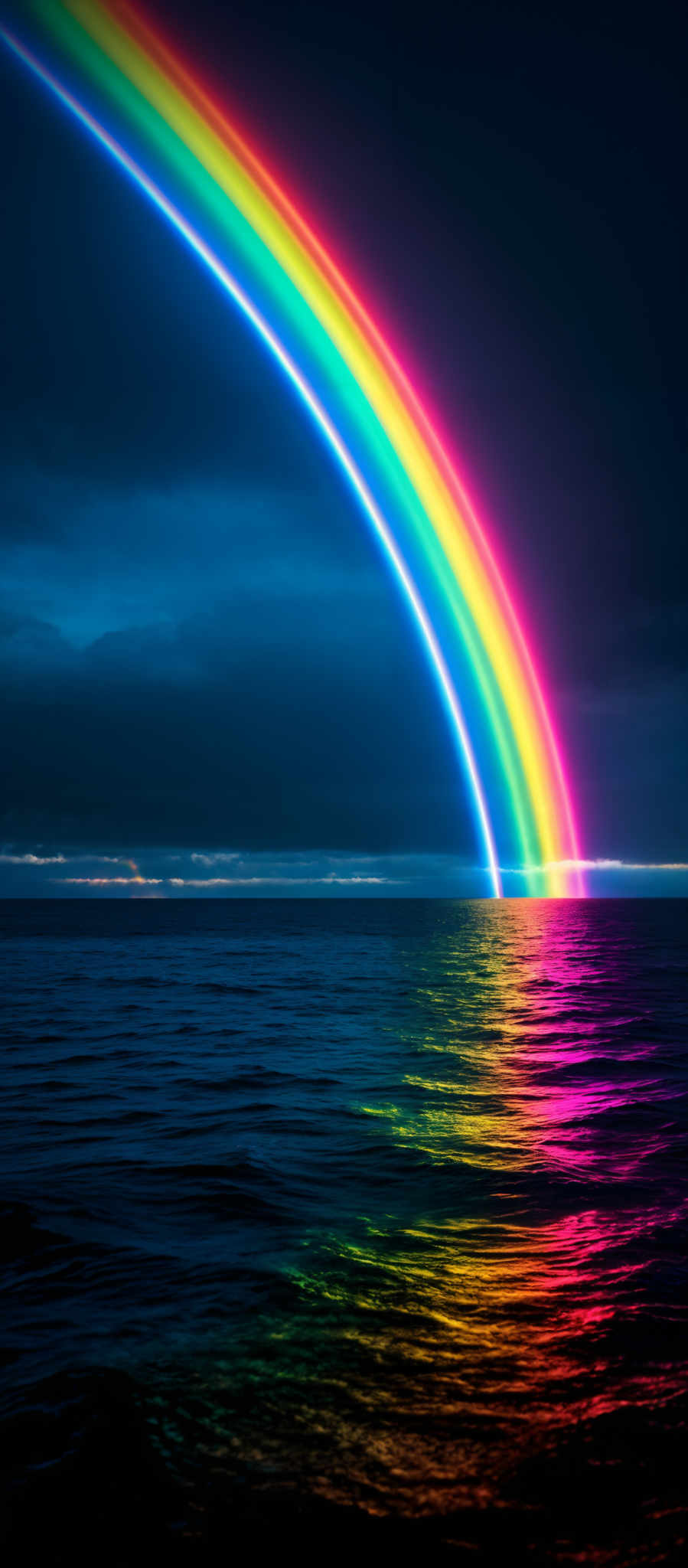 The image showcases a vibrant rainbow arching over a vast body of water. The colors of the rainbow transition from red at the top, moving through orange, yellow, green, blue, indigo, and violet at the bottom. The water below reflects the colors of both the sky and the rainbows, creating a mesmerizing effect. The horizon is visible in the distance, and the sky above is dark, suggesting either an early morning or late evening setting.