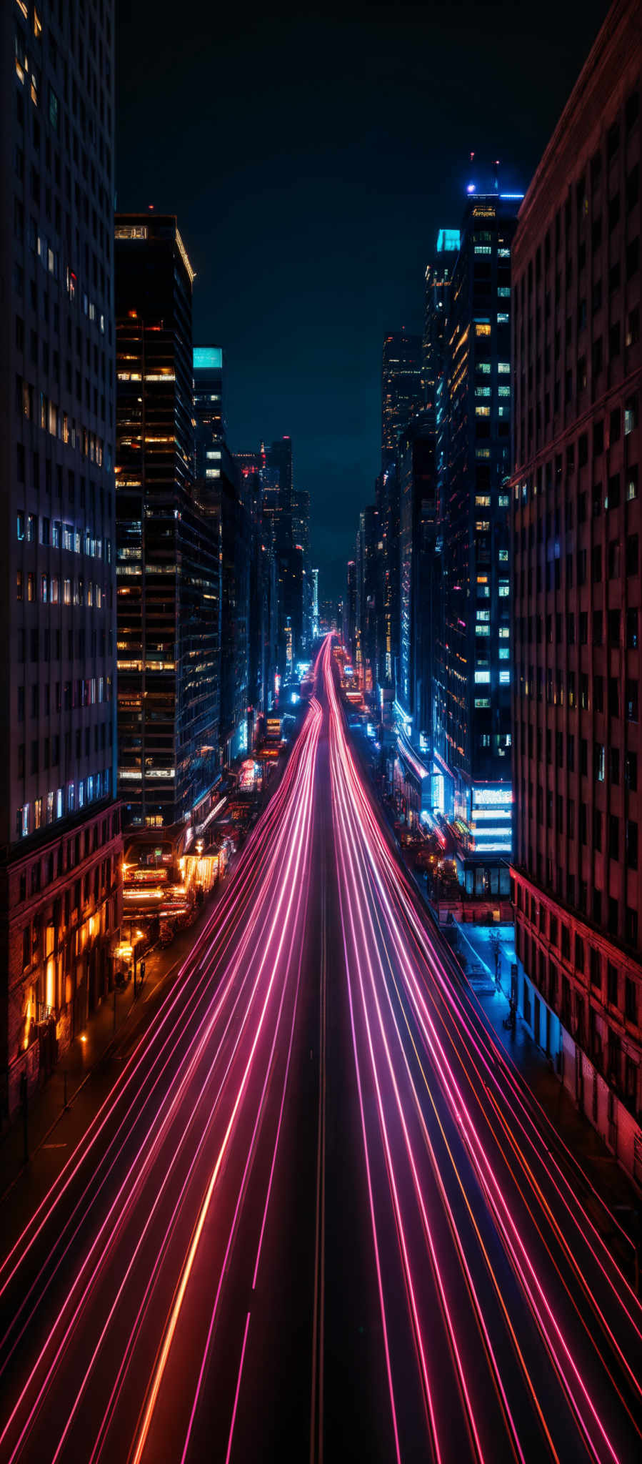 The image showcases a bustling urban scene during nighttime. The dominant colors are deep blues, vibrant reds, and neon yellows. The central focus is on the long, straight road that has light trails from vehicles, creating a vivid streak of red and yellow. On either side of the road, tall buildings with illuminated windows can be seen, reflecting the city's nightlife. The buildings vary in design and height, adding depth and dimension to the scene. The overall ambiance is energetic and dynamic, capturing the essence of a modern metropolis.