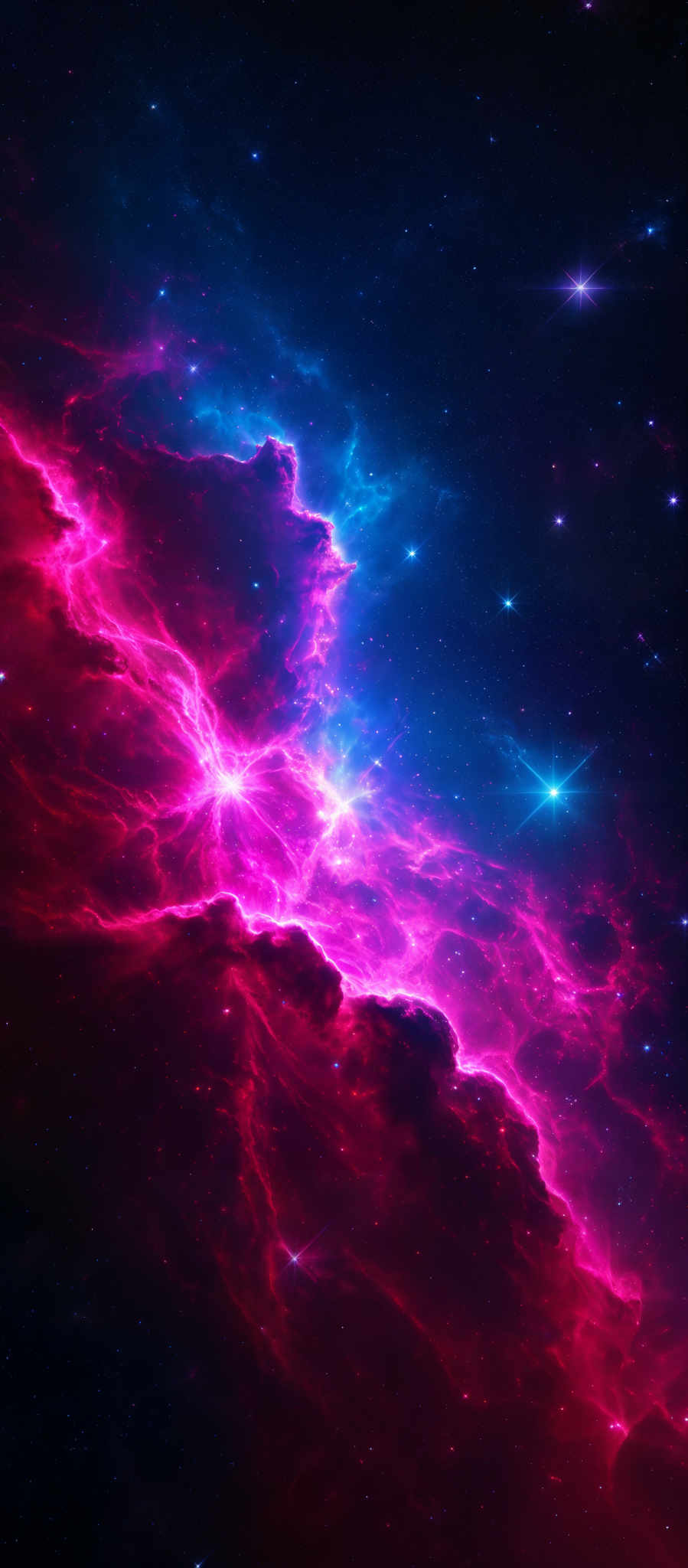 The image showcases a vibrant cosmic scene with a mix of deep blues, fiery reds, and radiant pinks. The central portion is dominated by a nebula-like formation, with intricate patterns of swirling gas and dust. Bright stars are scattered throughout, with some appearing closer and others more distant. The overall composition gives a sense of vastness and wonder, reminiscent of deep space explorations.