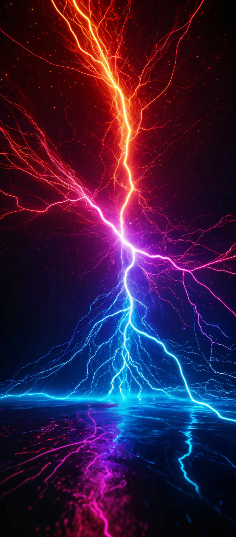 The image showcases a vibrant and dynamic display of electricity or energy. It features a central, bright, and fiery orange-red lightning bolt that branches out into multiple tendrils. These tendrills are intertwined with a series of blue and purple lightning bolts. The background is dark, with specks of light, possibly representing stars or distant lights. The entire scene is reflected on a body of water below, creating a mirrored effect.