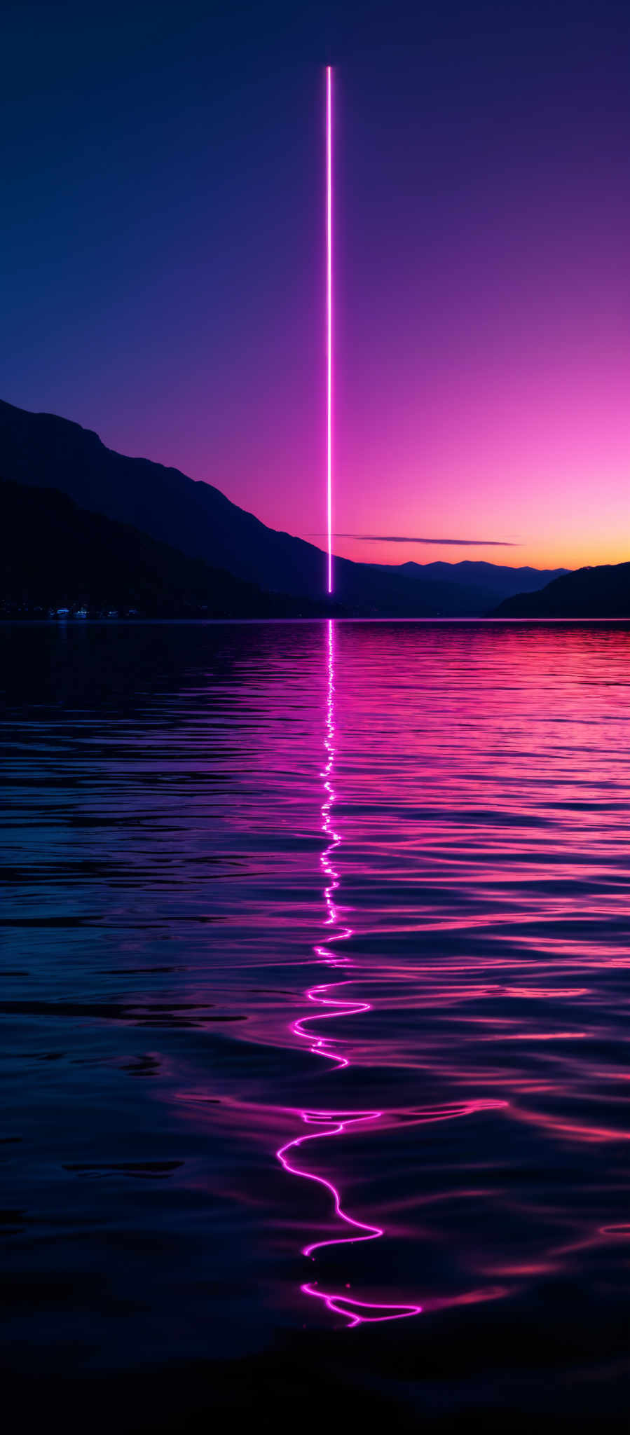 The image showcases a serene landscape during what appears to be dusk or dawn. The sky is painted with hues of deep blue transitioning to vibrant pink and orange near the horizon. The calm waters reflect the colors of the sky, creating a mirror-like effect. Dominating the center of the image is a tall, slender beam of light that emanates from the horizon and rises vertically, piercing the sky. This beam is bright pink, contrasting sharply with the surrounding colors. Its reflection can be seen on the water, creating an intricate pattern of light and shadow. In the distance, silhouettes of mountains or hills are visible, adding depth to the scene.