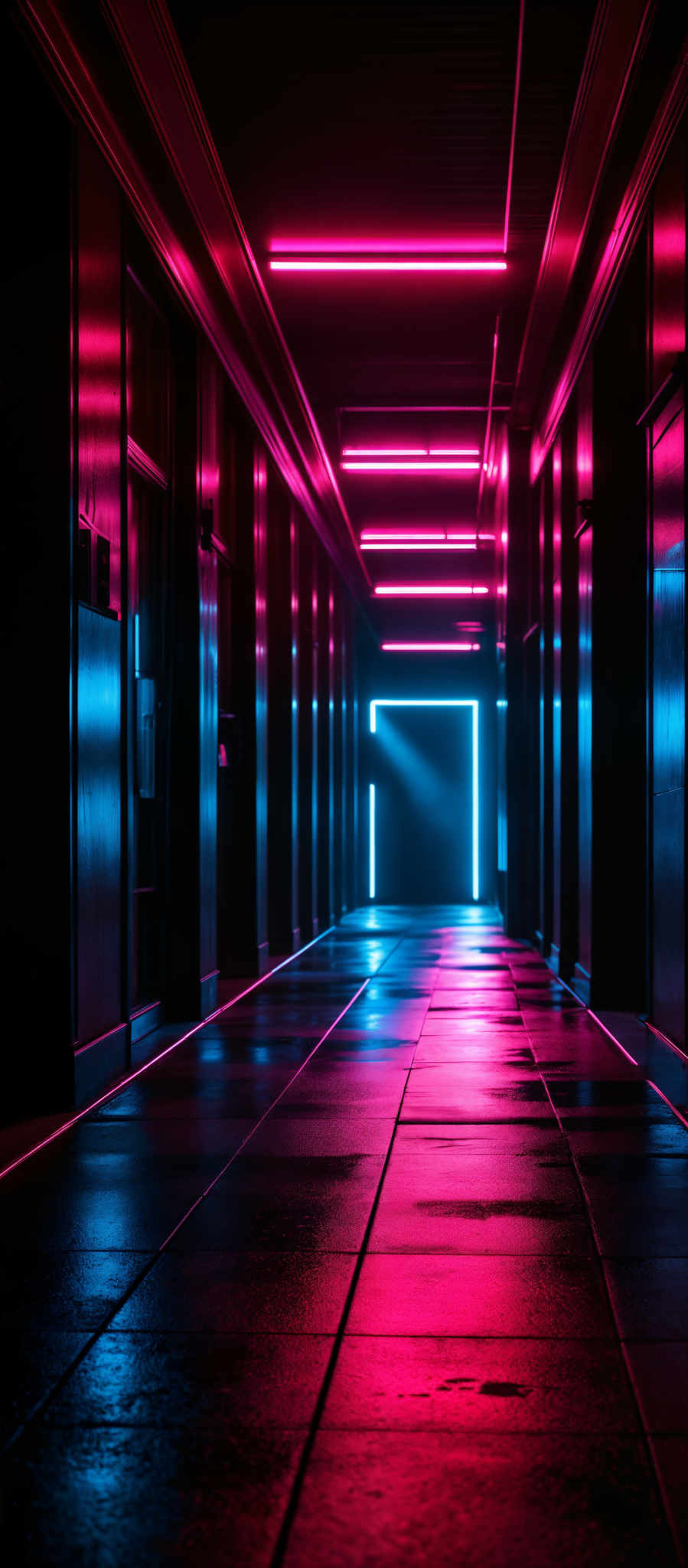 The image showcases a long corridor with a modern, futuristic design. The dominant colors are deep reds and purples, creating a moody and atmospheric ambiance. The corridors are lined with dark wooden panels on the walls and a reflective, glossy floor. Neon lights in the shape of rectangles are embedded in the ceiling, casting a vibrant glow. The most striking feature is a bright, square-shaped neon sign at the end of the corridOR, which contrasts sharply with the surrounding darkness.