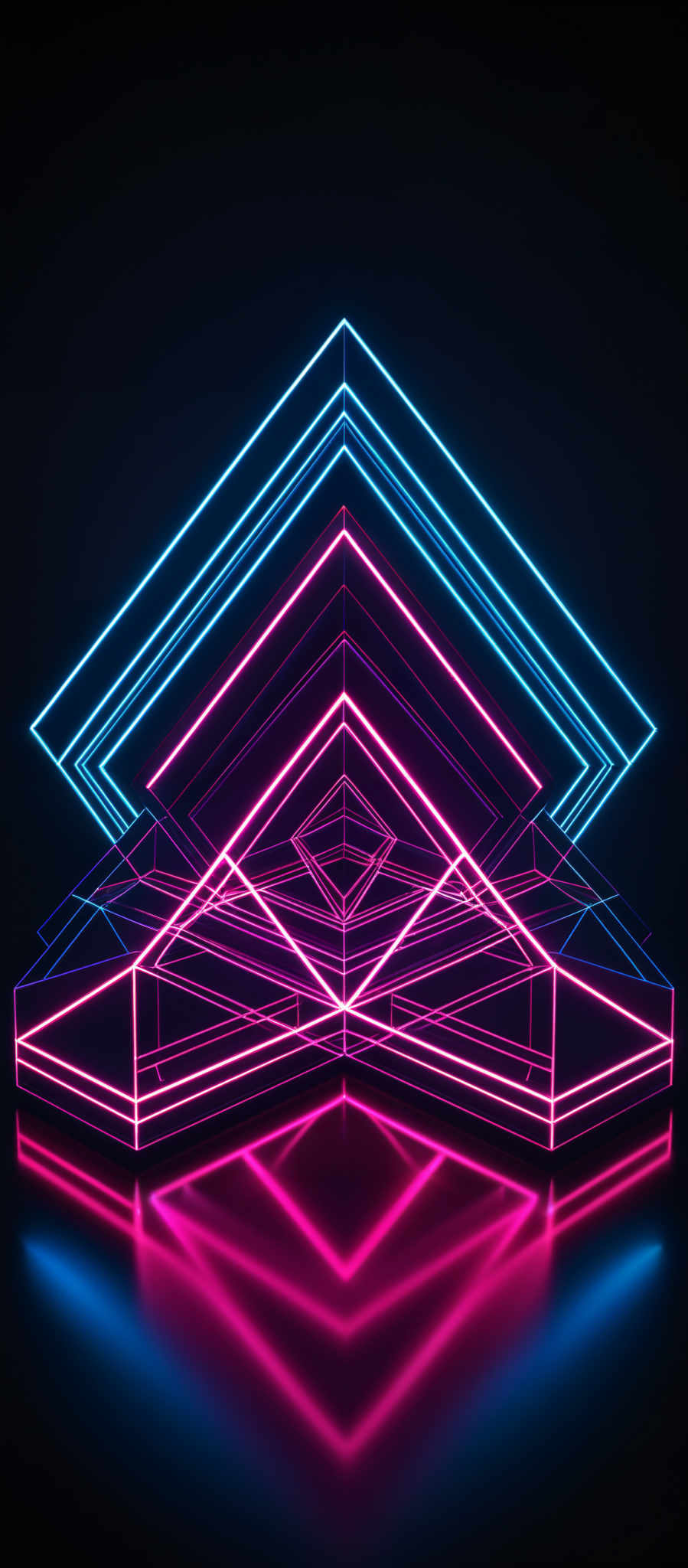 The image showcases a three-dimensional geometric design made up of neon lines. The primary colors used are vibrant shades of blue and pink. The design appears to be a series of interconnected pyramids and triangles, creating a sense of depth and dimension. The neon lights reflect off the dark background, creating an illusion of a glowing structure.