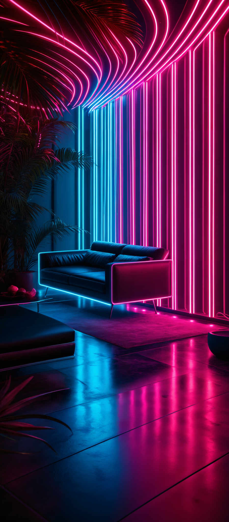 The image showcases a modern living space with a distinct neon aesthetic. The dominant colors are vibrant shades of pink, blue, and purple. The room features a curved neon strip design on the ceiling, which radiates a glowing pink and blue light. Below the neon design, there's a sleek black sofa with a futuristic design. The floor is reflective, mirroring the neons and the sofa. The space is adorned with tropical plants, adding a touch of nature to the otherwise high-tech setting.