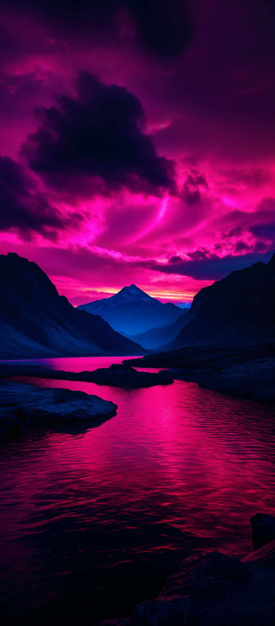 The image showcases a breathtaking landscape during what appears to be either dawn or dusk. Dominating the scene is a vibrant sky painted in hues of deep red, pink, and purple, with dark, ominous clouds scattered across it. Below the sky, there are majestic mountains with their peaks slightly covered in snow. The mountains are reflected beautifully in the calm waters of a lake or river in the foreground. The water's surface is smooth, with ripples caused by the gentle movement of the water. In the distance, there's a hint of a misty horizon, adding to the serene ambiance of the scene.