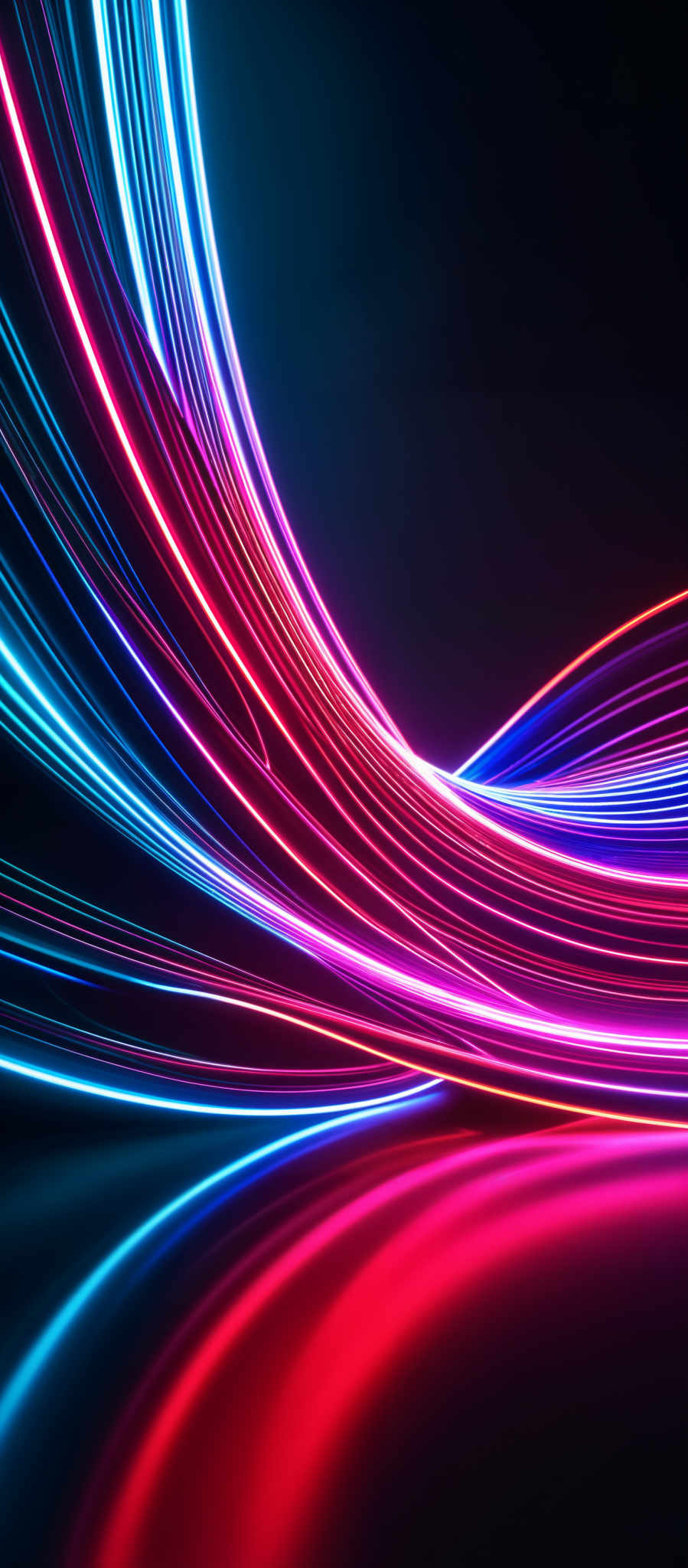 The image showcases vibrant neon colors, predominantly blue, pink, and red, forming intricate swirls and curves. The shapes are fluid and dynamic, resembling streaks of light or energy. The colors intertwine and overlap, creating a visually captivating and energetic effect. The background is dark, which accentuates the brightness and vibrancy of the colors.