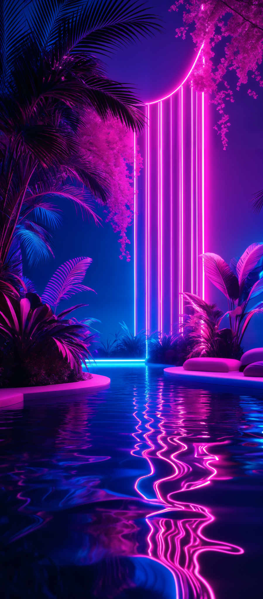 The image showcases a vibrant and neon-lit scene. Dominating the scene are vertical neon lights in shades of pink and blue, which appear to be emanating from a curved structure on the right. These lights cast a mesmerizing reflection on the water below. The water itself is calm, reflecting the lights and the surrounding tropical plants. The plants are lush and varied, with some having broad leaves and others having slender, pointed leaves. The overall color palette is a mix of deep blues, bright pinks, and purples, creating a surreal and dreamy atmosphere.