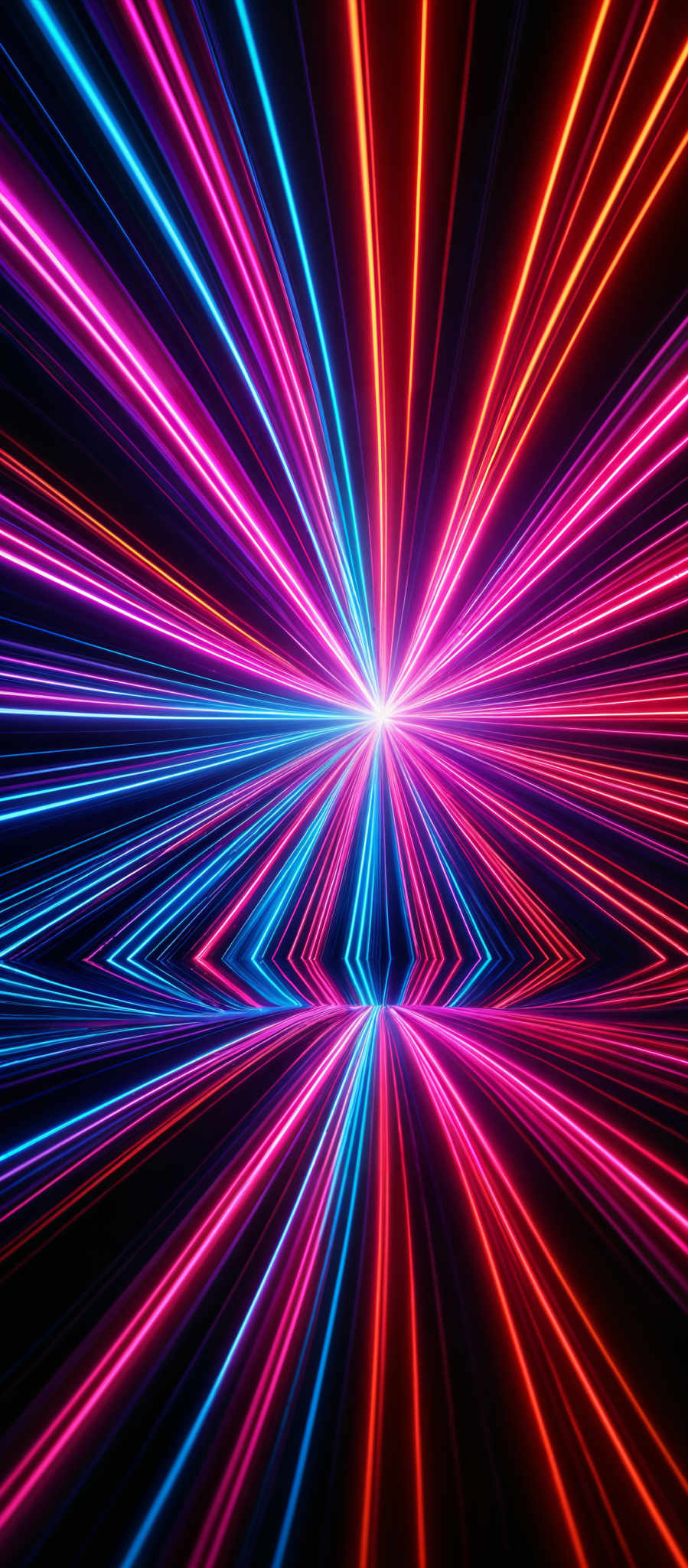 The image showcases a vibrant and dynamic scene with a central burst of light emanating radial lines. These lines radiate outward in a symmetrical fashion, creating a visually striking effect. The colors are predominantly neon shades of pink, blue, and red, which contrast beautifully against the dark background. The shape is reminiscent of a burst or explosion, with the lines converging at a central point and then diverging outward, creating an illusion of depth and dimension.