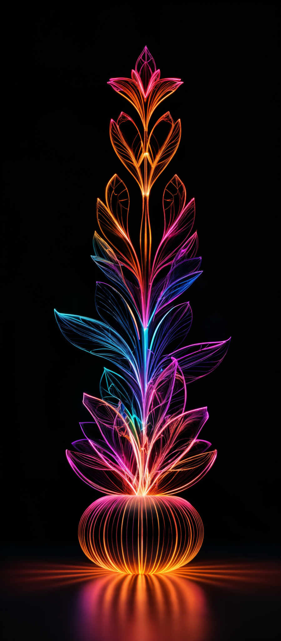 The image showcases a vibrant and colorful abstract representation of a plant or flower. The plant is symmetrically structured with multiple petals radiating outwards. The petals are illuminated in a spectrum of colors including pink, orange, blue, and purple. The base of the plant appears to be rooted in a circular object that emits a warm, golden glow. The entire image is set against a dark background, making the colors pop and creating a visually striking contrast.