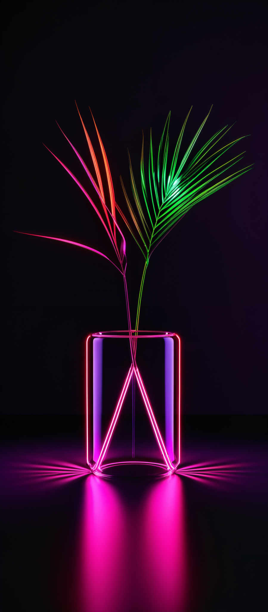 The image showcases vibrant neon colors, predominantly pink, green, and purple. The shape is that of a transparent glass or vase, which holds two neon-lit palm leaves. The leaves are long and slender, with the palm fronds glowing in a vivid pink and green hue. The background is dark, emphasizing the luminosity of the leaves and the reflective properties of the glass.