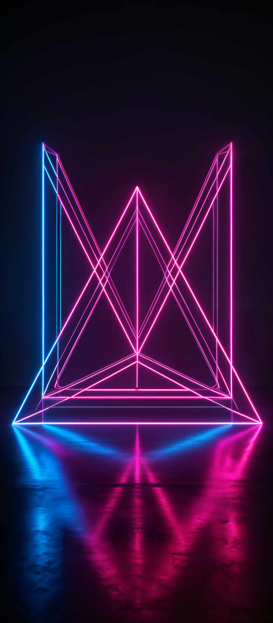 The image showcases a geometric structure made up of neon lights. The primary colors used are pink and blue. The shape is a series of interconnected triangles and lines forming a three-dimensional structure. The neon lines create reflections on the floor, adding depth and dimension to the image, and the dark background accentuates the vibrant colors of the lights.