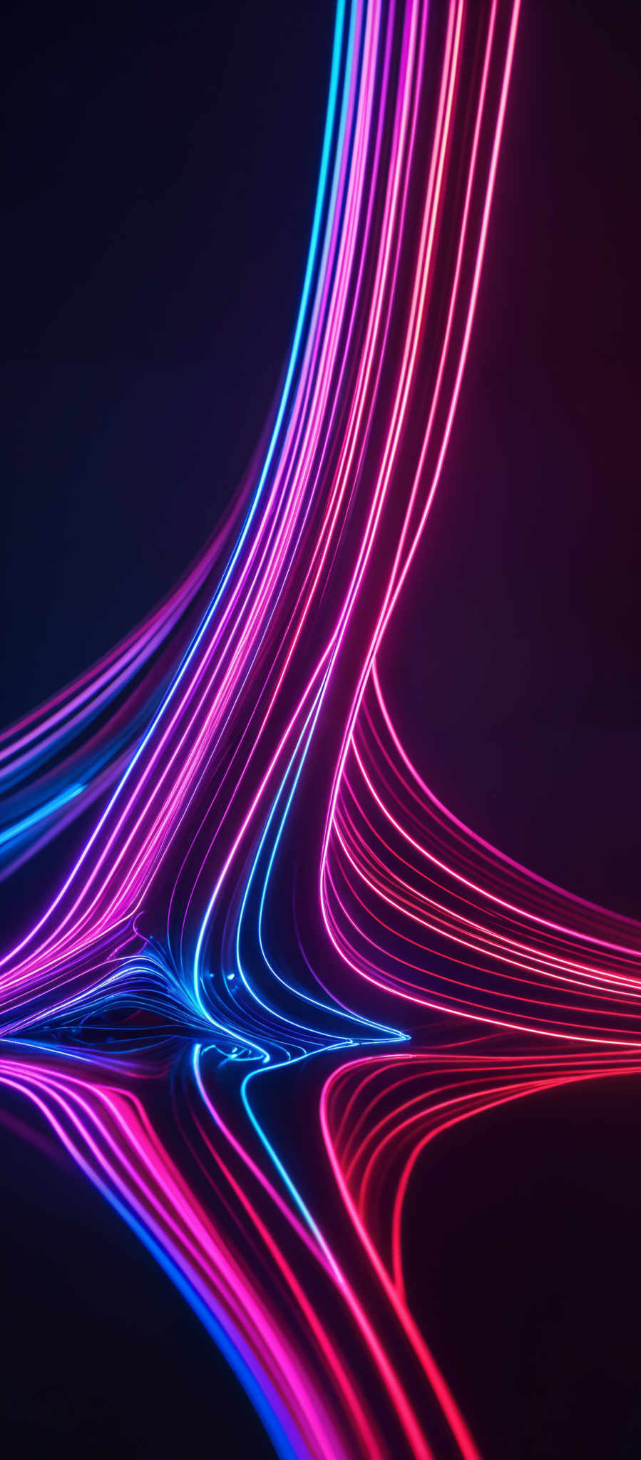 The image showcases vibrant neon colors, predominantly shades of pink, blue, and red. The shapes are fluid and curvy, resembling abstract representations of waves or tendrils. They curve and twist, creating a dynamic and visually captivating pattern. The colors are reflected on a dark background, adding depth and contrast to the overall composition.