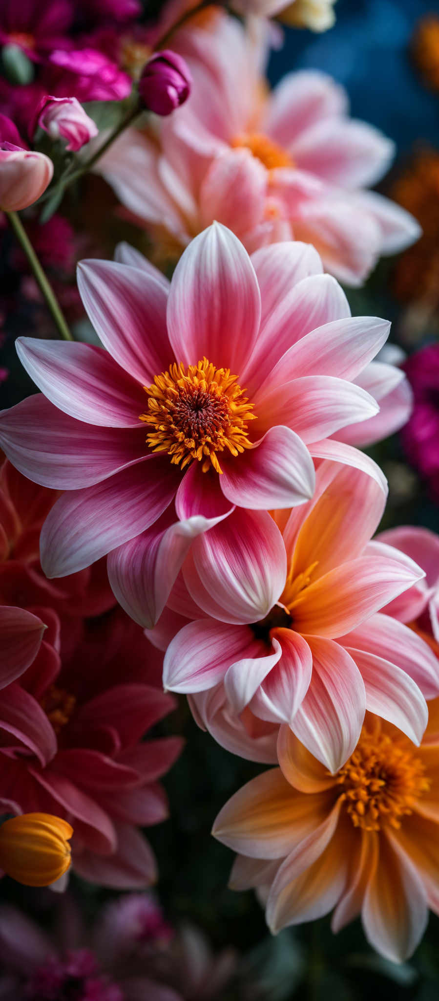 The image showcases a vibrant collection of flowers. The dominant colors are shades of pink, orange, and yellow. The flowers have a broad, layered petal structure with a prominent yellowish-orange center. The petals are smooth and have a gradient effect, transitioning from a light pink at the base to a deeper pink towards the tips. The background is blurred, emphasizing the flowers and giving a sense of depth and dimension to the image, making the flowers stand out prominently.