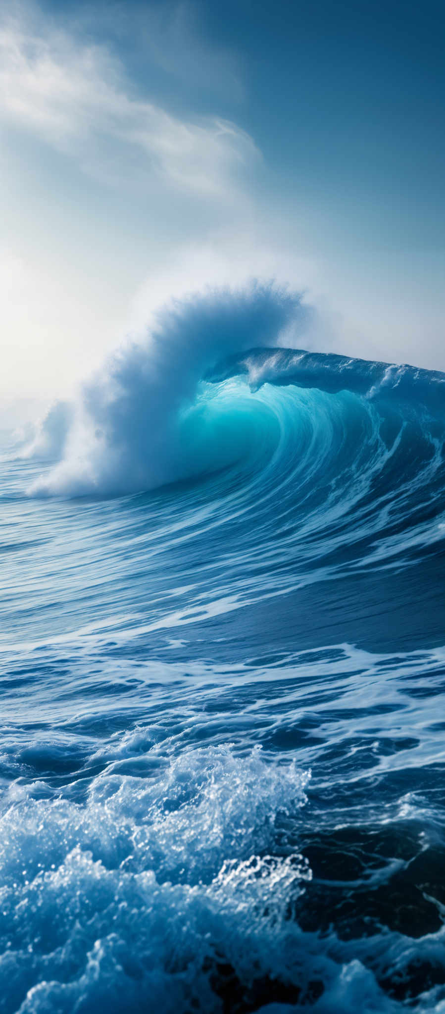 The image showcases a powerful wave crashing against the shore. The dominant colors are various shades of blue, ranging from deep navy to lighter turquoise. The wave's shape is curved, with a white frothy crest at the top, indicating the force and energy of the water. The crashing part of the wave is turbulent, with white foam and spray. The background reveals a serene sky with a hint of clouds, contrasting with the intensity of the ocean.