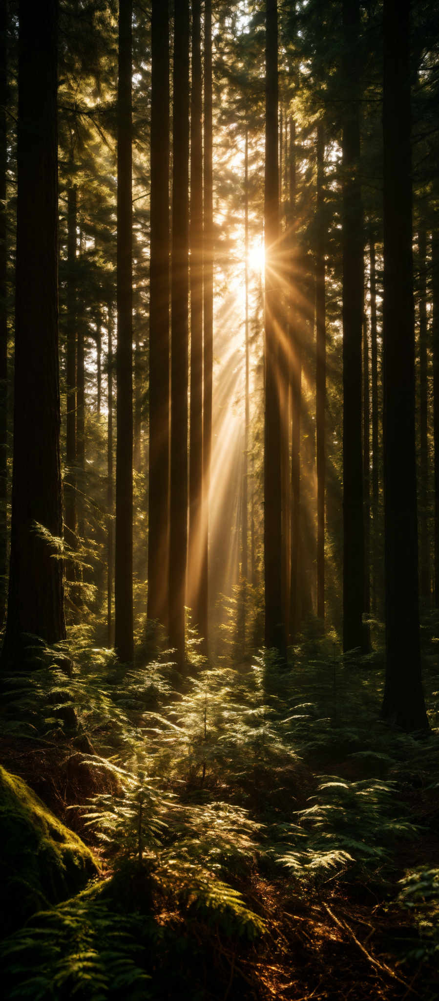 The image showcases a serene forest scene during what appears to be early morning or late afternoon. The dominant colors are varying shades of green from the trees and ferns, and golden hues from the sunlight filtering through the trees. The trees are tall and slender, with their trunks prominently visible. The sun's rays pierce through the canopy, creating a beautiful play of light and shadow on the forest floor. Ferns and other undergrowth are scattered throughout, adding texture and depth to the scene.