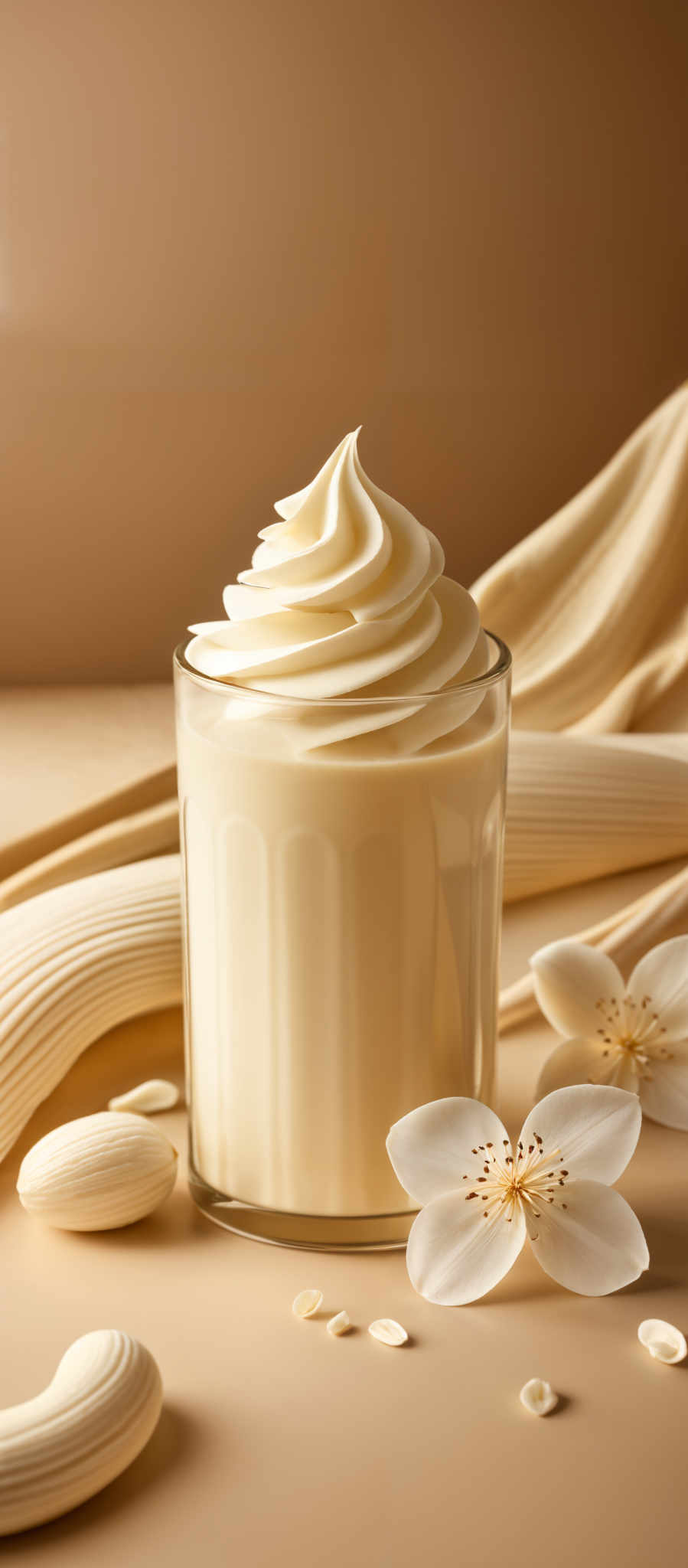 The image showcases a creamy beige background with a tall glass container filled with a cream-colored substance, possibly a dessert or drink. The top of the container is adorned with a swirl of the same creamy substance. Surrounding the container are white, flower-like objects with intricate details, and some are placed on the surface. There are also some curved, beige objects that resemble slices of bread or pastries. The overall ambiance of the image is elegant and sophisticated.