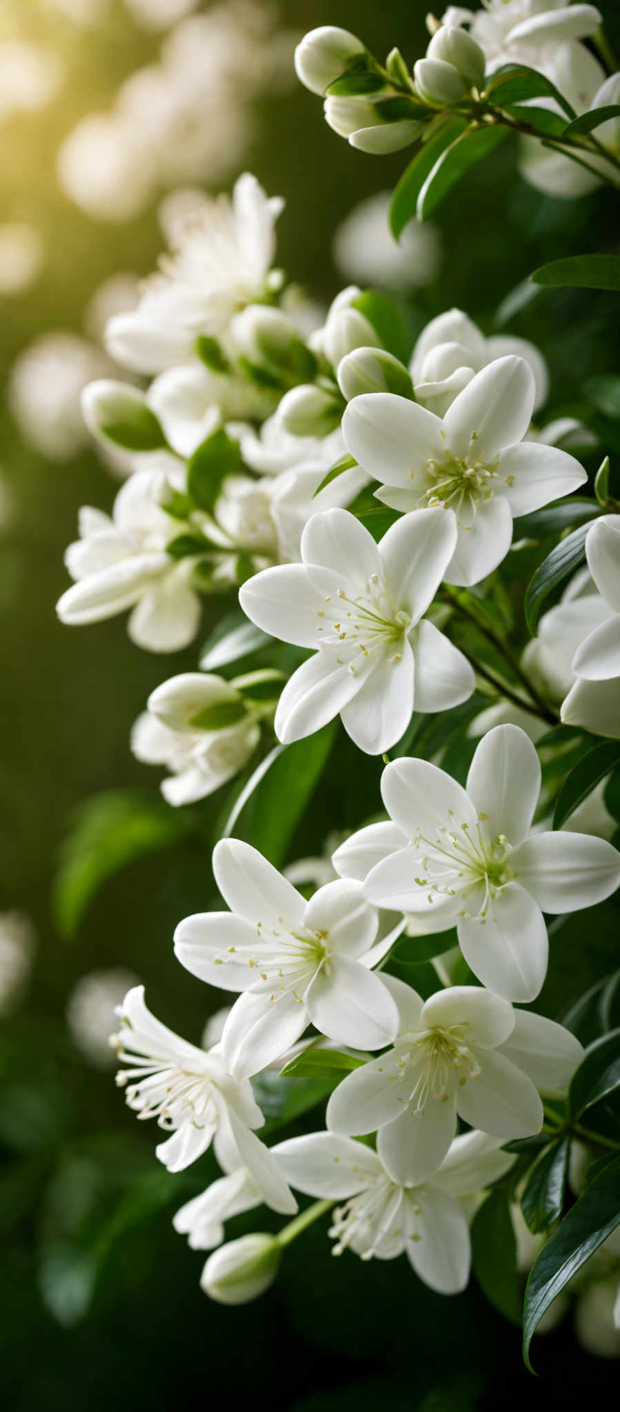 The image showcases a close-up of white flowers with delicate petals. The flowers have a star-like shape with multiple petals radiating outwards. The center of each flower is filled with yellow stamens. The leaves surrounding the flowers are green, and they appear to be in various stages of bloom, with some buds yet to open. The background is blurred with hints of green, suggesting a natural setting, possibly a garden or forest.