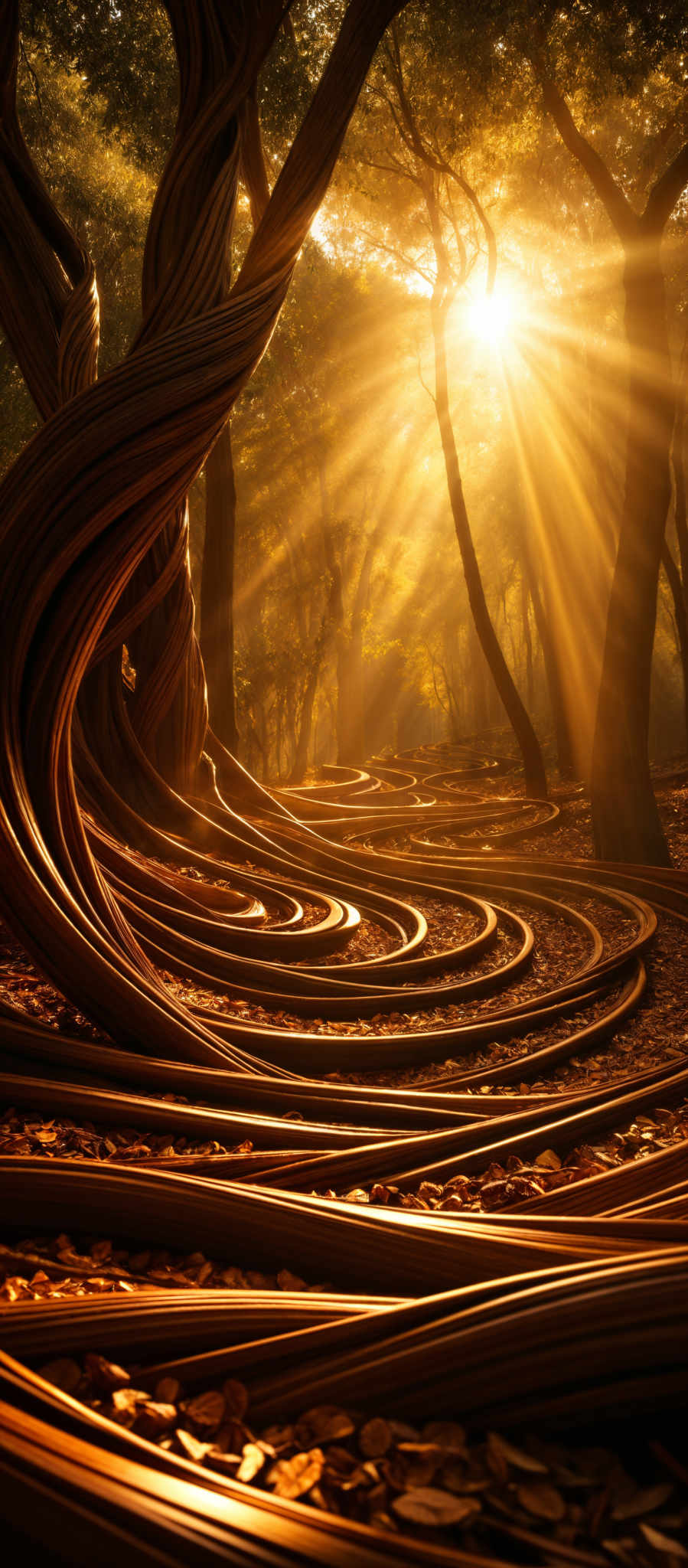 The image showcases a captivating forest scene. The dominant colors are warm hues of gold, amber, and brown, with the sun's rays filtering through the trees, casting a golden glow. The trees have unique, winding, and intertwined trunks, creating a spiral-like pattern. The ground is covered with fallen leaves, and the sunlight creates a beautiful play of light and shadow, highlighting the intricate details of the scene.