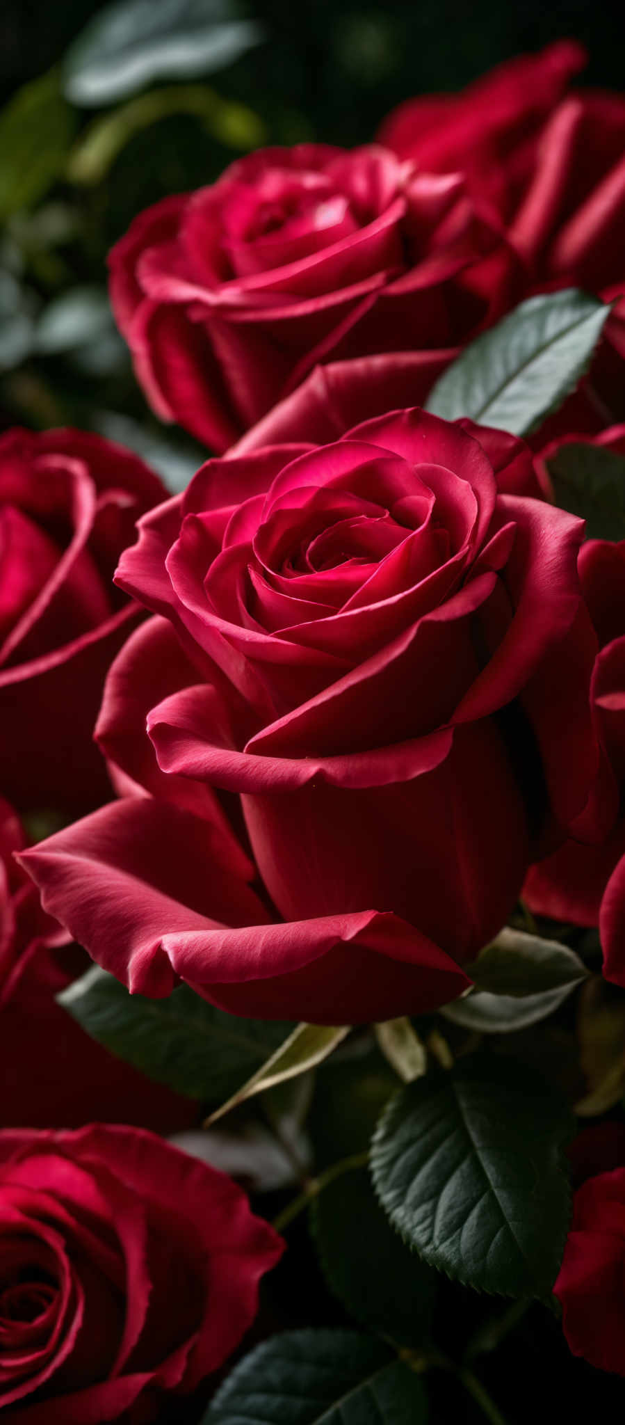 The image showcases a vibrant display of red roses. The roses have a classic, layered petal structure, with each petal curling gracefully inward, revealing a deep red hue. The central part of the rose, known as the 'thorn', is also prominently visible, displaying a rich, dark color. The surrounding leaves are dark green, providing a contrast to the roses and adding depth to the composition.