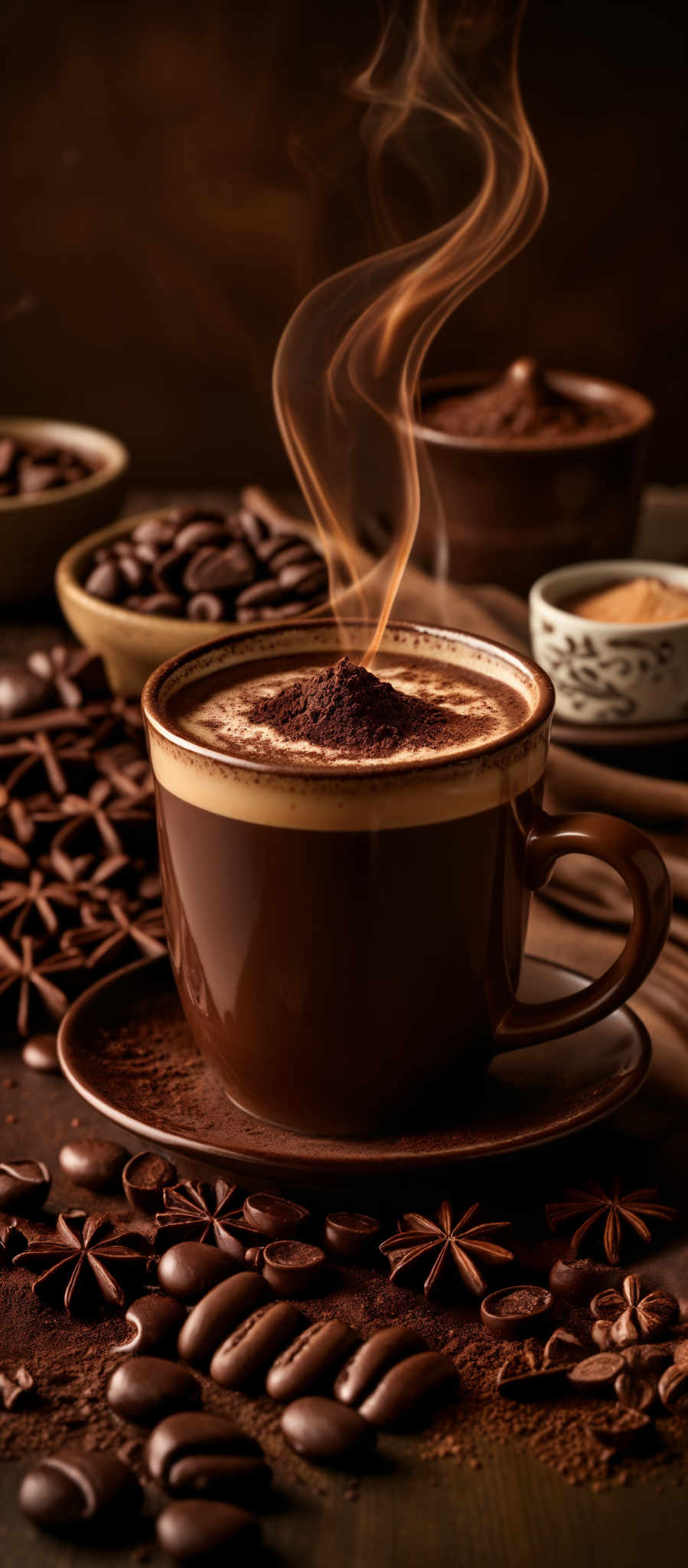 The image showcases a rich brown palette, dominated by the deep hue of coffee beans and the creamy white of steaming coffee. The coffee beads are oval-shaped, with a smooth and glossy surface. The steaming smoke is a vibrant golden-yellow, swirling upwards from the cup. The cup itself is a deep brown, with the coffee inside appearing creamy and frothy. Surrounding the cup are scattered coffee beens, star anise, and a small bowl of what appears to be ground coffee or cocoa powder.