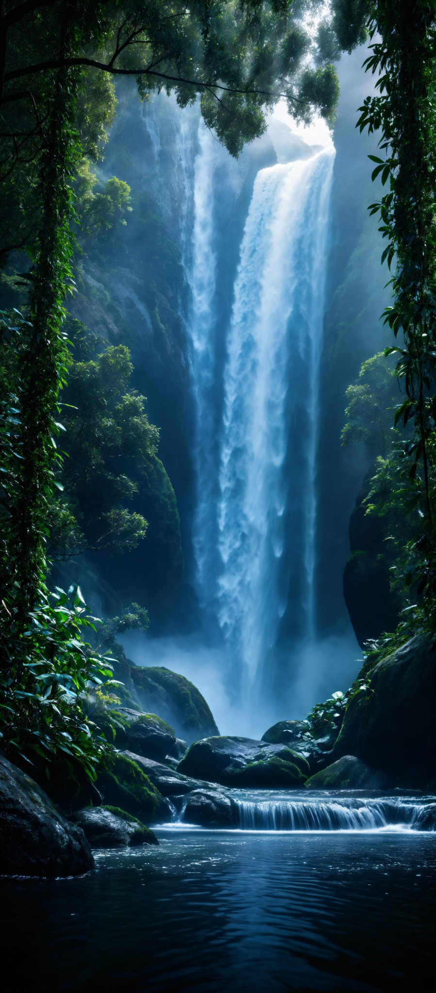 The image showcases a breathtaking view of a waterfall cascading down a rocky cliff surrounded by lush greenery. The waterfall is a powerful, white, frothy cascade that dominates the center of the image, contrasting with the darker rocks and the surrounding green foliage. The surrounding area is dense with trees, vines, and moss-covered rocks, creating a serene and tranquil atmosphere. The colors are predominantly shades of green from the vegetation, white from the waterfall, and dark gray from the rocks.