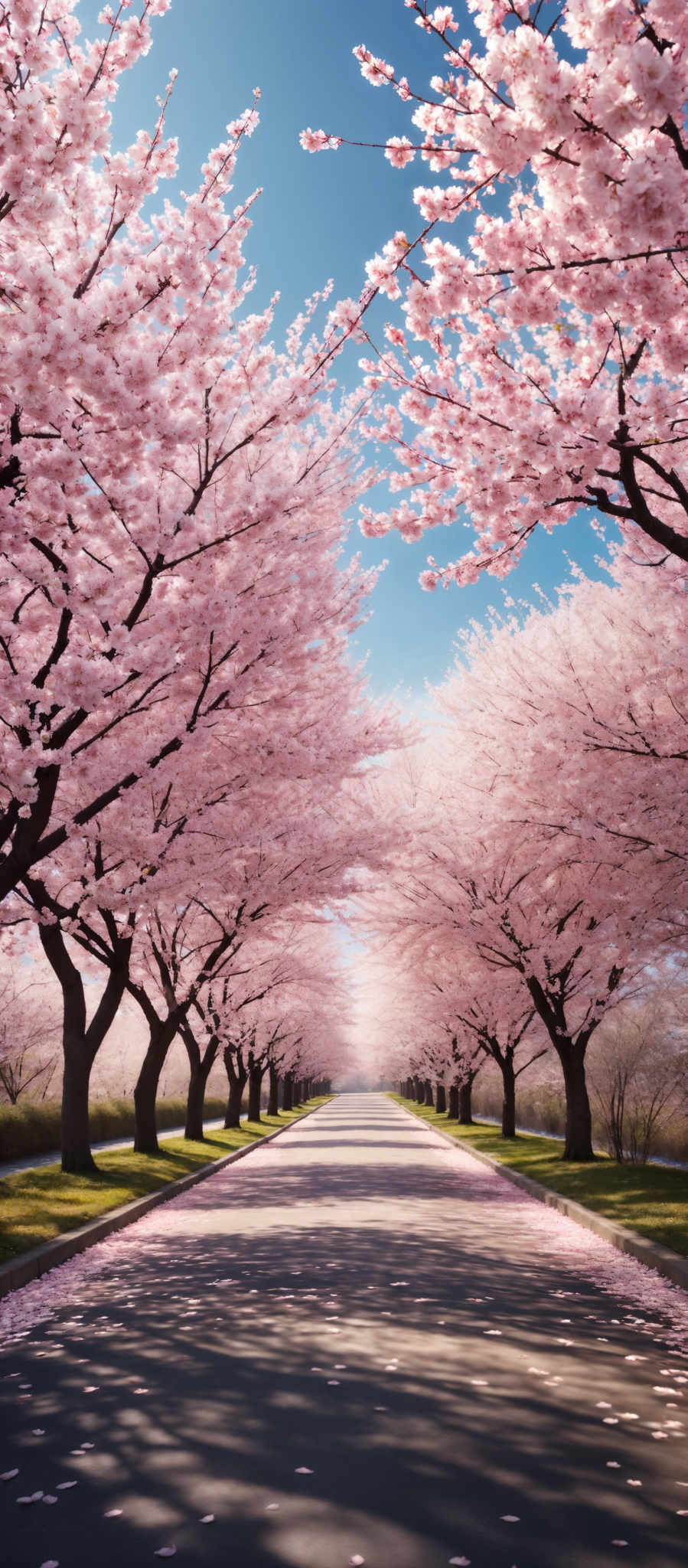 The image showcases a picturesque scene of a pathway lined with tall trees. The trees are in full bloom, displaying a vibrant pink hue, reminiscent of cherry blossoms. The pathway is paved and appears to be clean, with a few fallen petals scattered on the ground. The sky above is clear, suggesting a bright and sunny day. The overall ambiance of the image is serene and evokes feelings of tranquility.