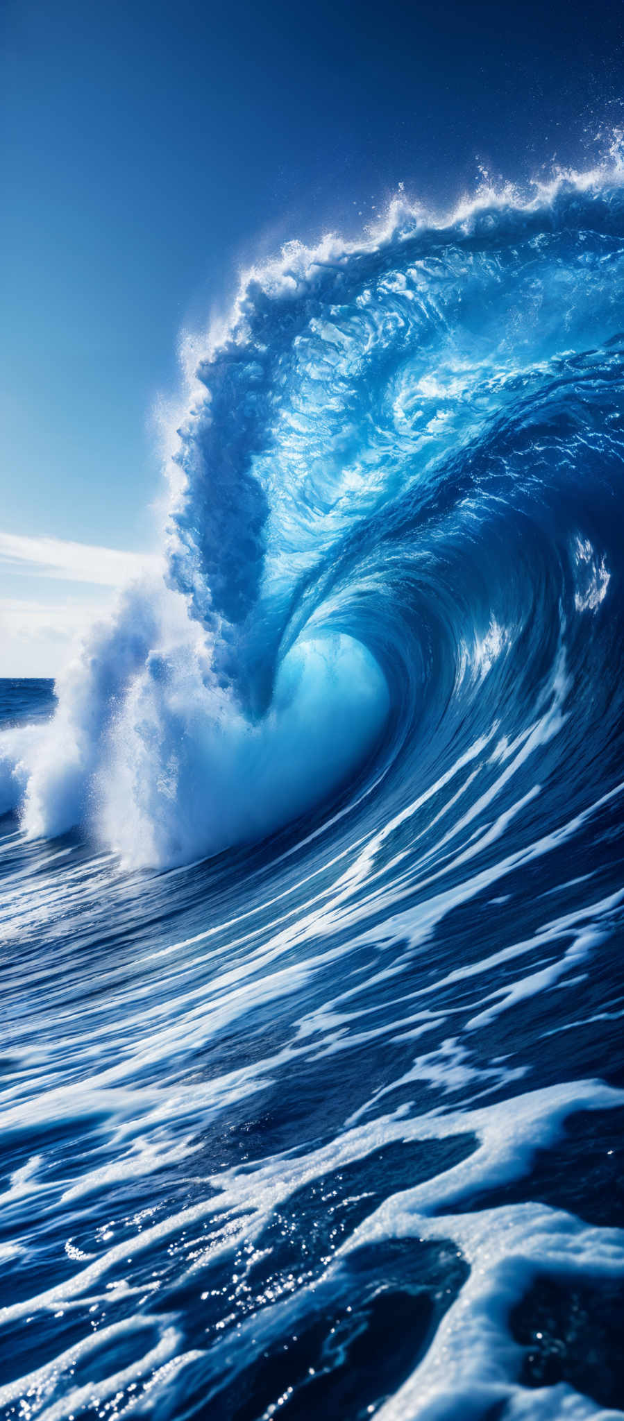 The image showcases a powerful ocean wave, beautifully captured in a close-up shot. The wave is a vibrant shade of blue, transitioning from a deeper hue at its base to a lighter, almost turquoise shade at its crest. The shape of the wave is curling, with the white frothy crest forming a semi-circle. The intricate details of the water can be seen, with ripples and patterns created by the wave's movement. The sky in the background is clear, suggesting a sunny day.