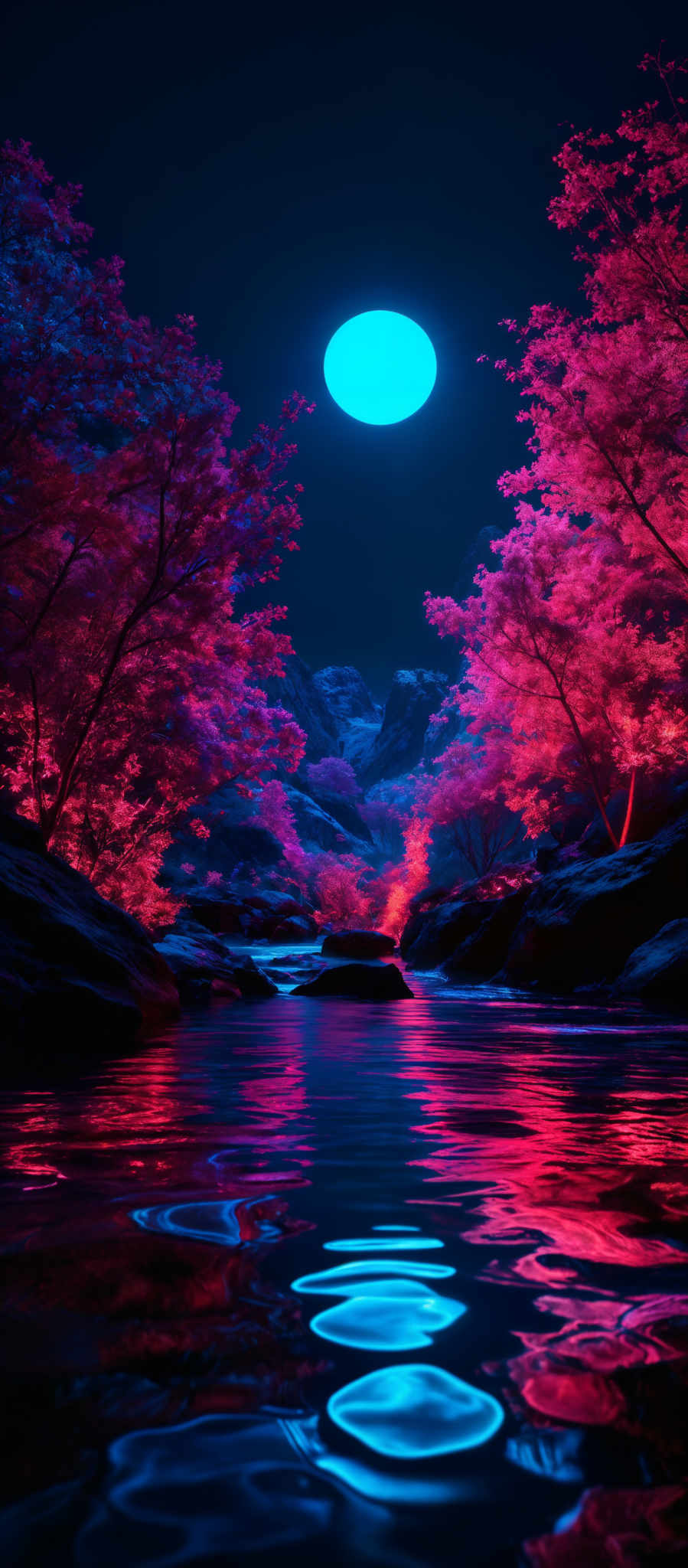 The image showcases a vibrant and surreal landscape. Dominated by hues of pink, purple, and blue, the scene features trees with leaves that glow in a neon pink hue. Above the trees, a large, glowing blue moon or planet is prominently displayed. The landscape is further accentuated by a serene body of water that reflects the colors of the trees and the celestial body. The water has ripples, creating a pattern of concentric circles. The overall ambiance of the image is mystical and dreamlike.