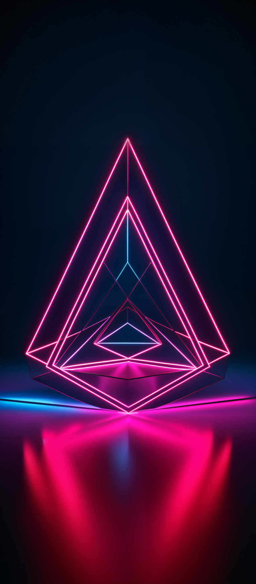 The image showcases a vibrant and neon-lit geometric design. It features a series of interconnected triangles forming a larger pyramid-like structure. The triangles are illuminated in a vivid pink and blue hue, creating a stark contrast against the dark background. The design appears to be set against a reflective surface, as evidenced by the shimmering pink reflection beneath it.