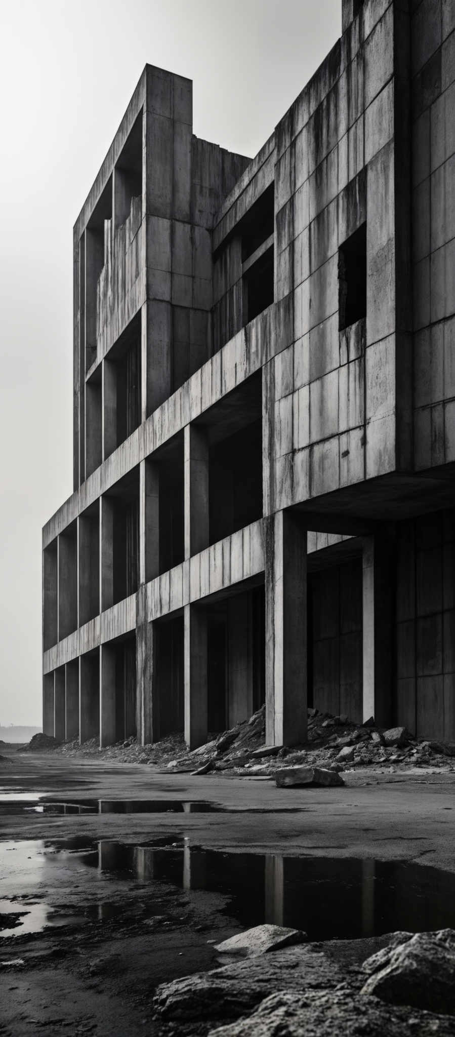 The image showcases a monochromatic scene with a predominantly grayscale palette. The primary focus is on a large, brutalist architectural structure made of concrete. The building has a series of rectangular blocks, with some sections having openings or windows. The ground is wet, reflecting the building's silhouette, and there are puddles scattered around. The horizon shows a faint outline of a landscape, possibly a distant shoreline or a field.