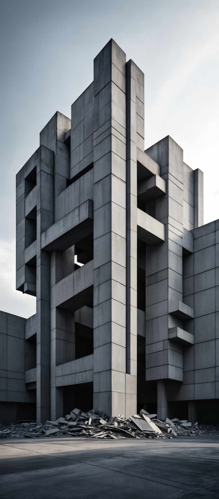 The image showcases a large, imposing structure made of gray concrete blocks. The blocks are interconnected in a complex, almost Brutalist architectural style. The structure has multiple levels, with some blocks protruding outward in an irregular manner. The ground around the structure is mostly clear, with a few scattered pieces of debris or rubble. The sky above is overcast, casting a muted light on the building.