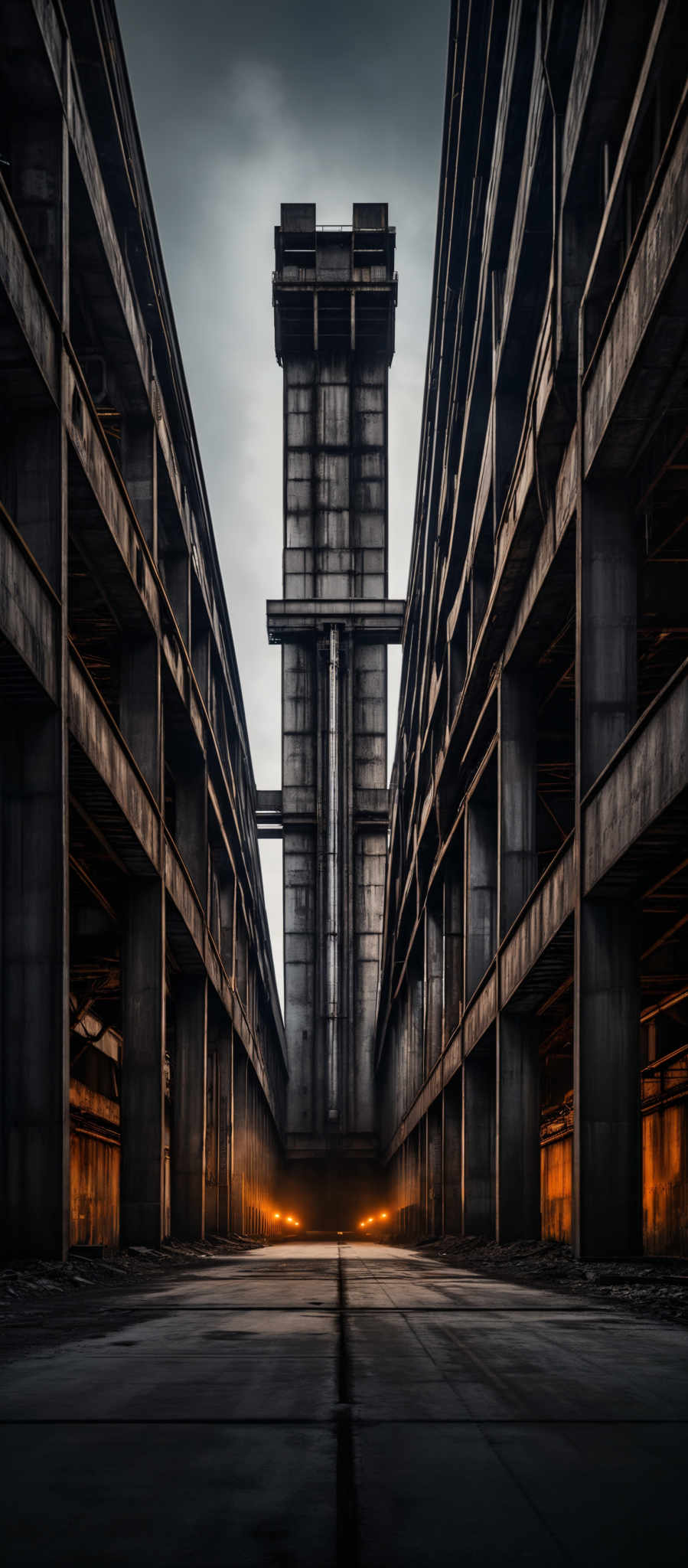 The image showcases a large, imposing structure with a tall tower in the center. The predominant colors are shades of gray, brown, and black, giving it a somber and industrial appearance. The structure is made up of multiple levels with beams and pillars, and it appears to be made of metal. The ground is smooth, reflecting the surroundings, and there are some orange lights at the end of the pathway, adding a contrasting warmth to the otherwise cold and dark environment.