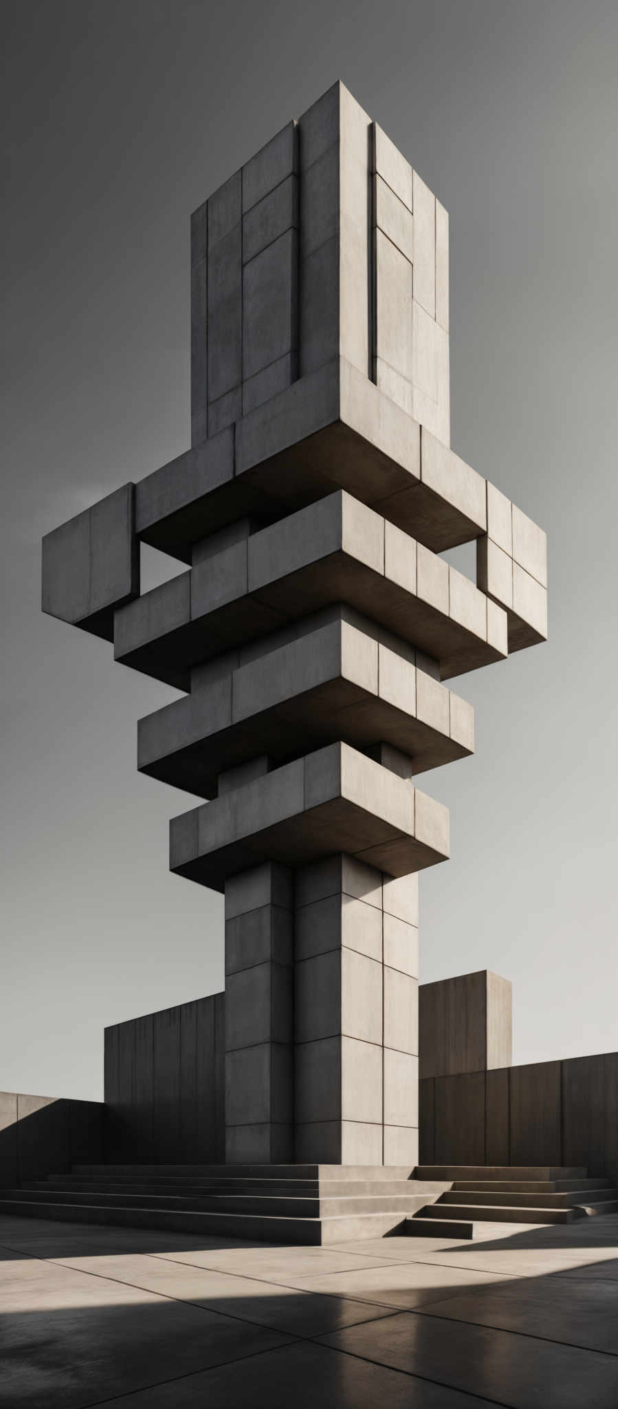 The image showcases a unique architectural structure made of gray concrete blocks. The structure is composed of several interconnected blocks, creating an abstract and geometric design. The blocks are stacked in a way that they appear to be floating, with some blocks protruding outward and others receding into the background. The overall color palette is muted, with the gray of the concrete being the dominant hue. The sky in the background is clear, suggesting a bright and sunny day.