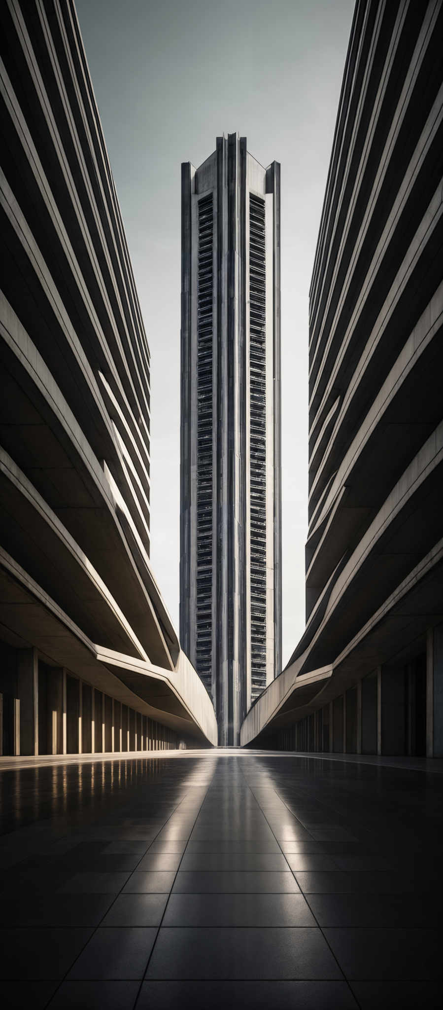 The image showcases a modern architectural design. The dominant colors are shades of gray, black, and white. The primary shape is a tall, slender skyscraper with a sleek design, surrounded by two curved, layered buildings on either side. These buildings have repetitive, horizontal lines, giving them a ribbed appearance. The ground is smooth, reflecting the buildings and the sky, creating a mirror-like effect. The sky above is clear, suggesting a bright day.