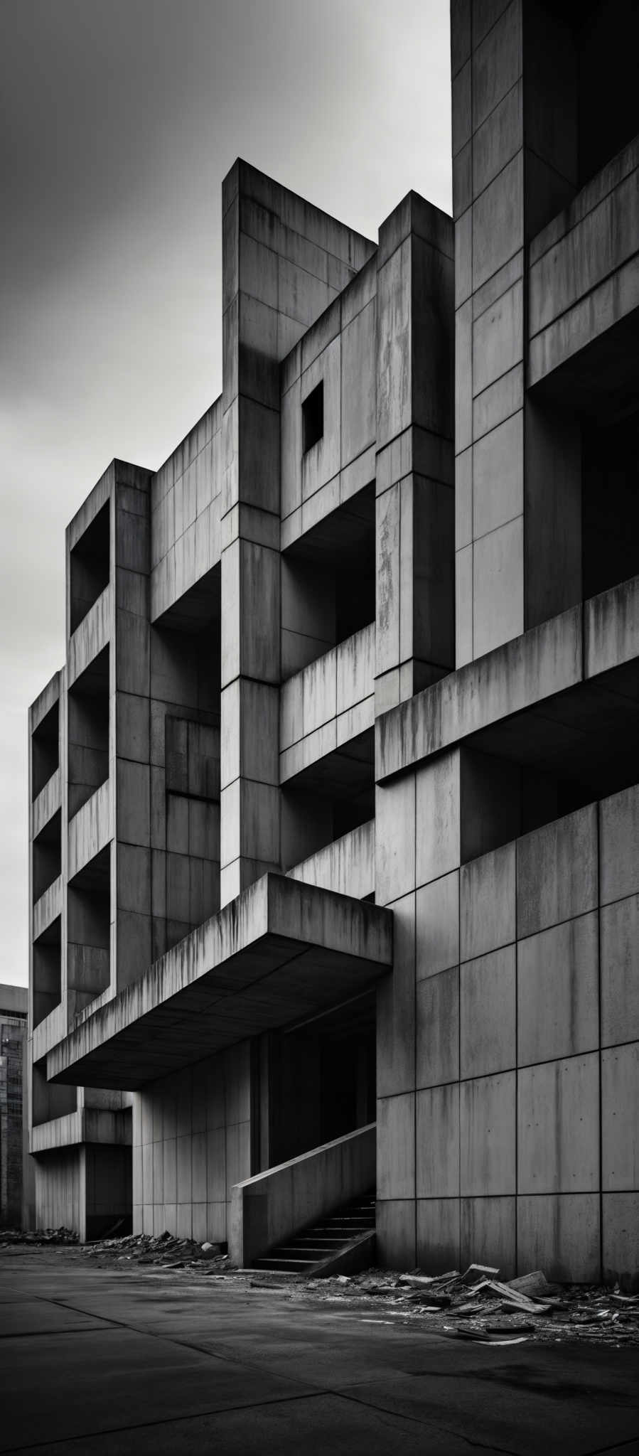 The image showcases a monochromatic, black and white photograph of a modern architectural structure. The building is characterized by its brutalist design, featuring large, blocky rectangular shapes interspersed with rectangular windows. The predominant color is a muted gray, which gives the image a somber and dramatic feel. The structure's geometric shapes are accentuated by the play of light and shadow, highlighting the building's angular facades. The ground appears to be paved, and there are some debris or trash scattered around.