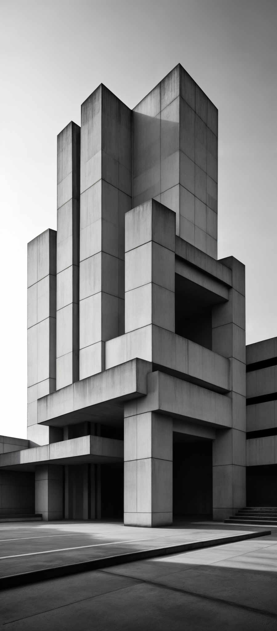 The image showcases a monochromatic, black and white photograph of a modern architectural structure. The building is composed of large, rectangular blocks, interconnected in an abstract manner. The design is reminiscent of Brutalist architecture, characterized by its raw, unadorned appearance and the use of raw concrete or brick. The structure has multiple levels, with some blocks appearing to be protruding or receding, creating a dynamic and layered visual effect. The ground is flat and appears to be paved, with a clear distinction between the building and the surrounding area.