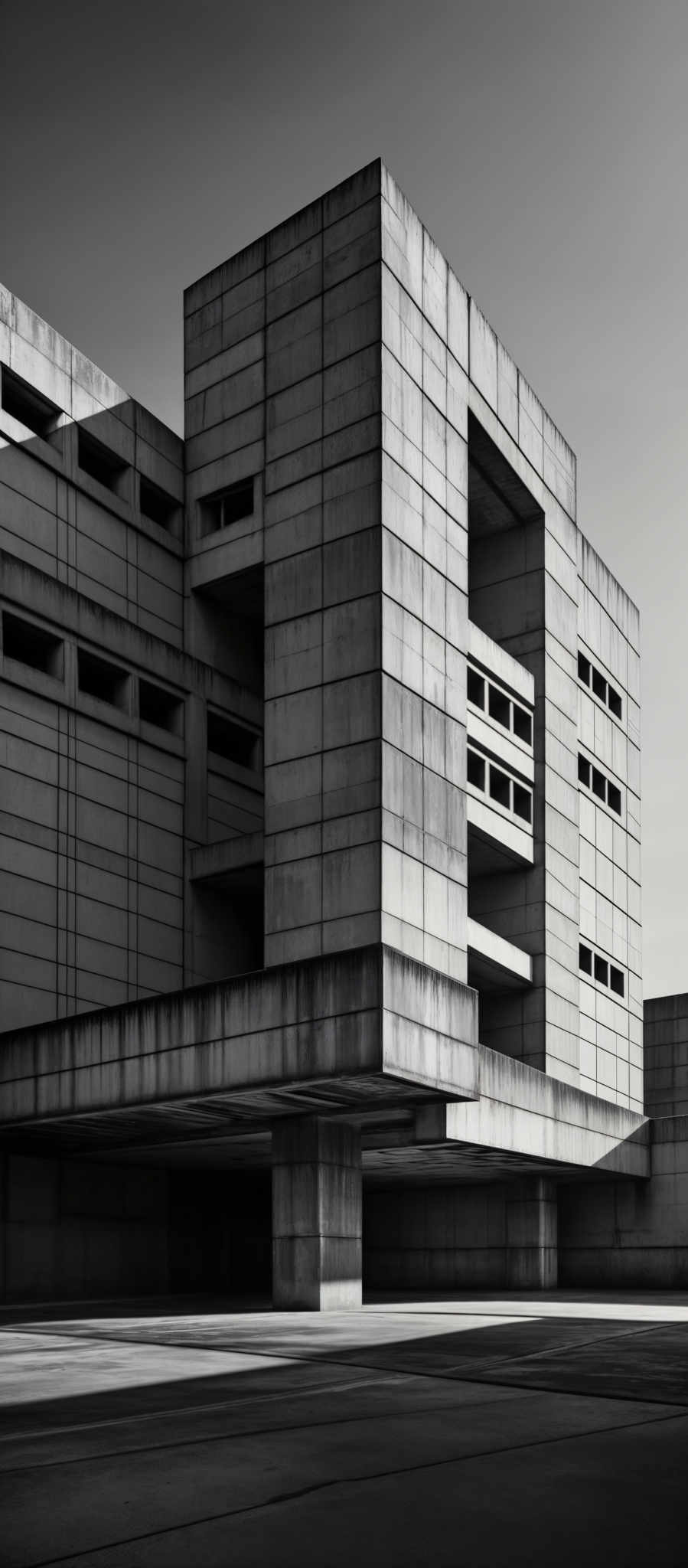 The image showcases a monochromatic, black and white photograph of a modern architectural structure. The building is characterized by its brutalist design, featuring large, rectangular blocks with a uniform texture. The structure has multiple levels, with rectangular windows evenly spaced on each level. The overall shape is geometric, with sharp angles and a strong vertical emphasis. The ground appears to be a flat, expansive plaza with a smooth surface, reflecting the building's shadow.