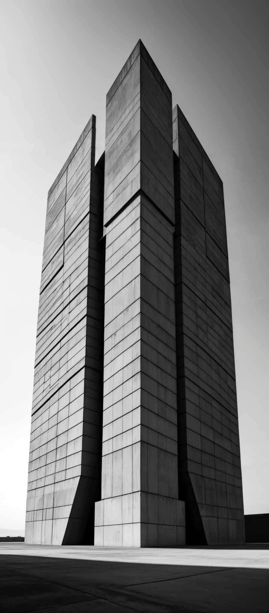 The image showcases a monochromatic, black and white photograph of a tall, rectangular building. The building is constructed with a geometric pattern, with each block or section having a distinct shape. The structure appears to be made of concrete or a similar material, with a textured surface. The sky in the background is clear, suggesting a bright day. The ground is flat and expansive, with the building being the primary focal point.