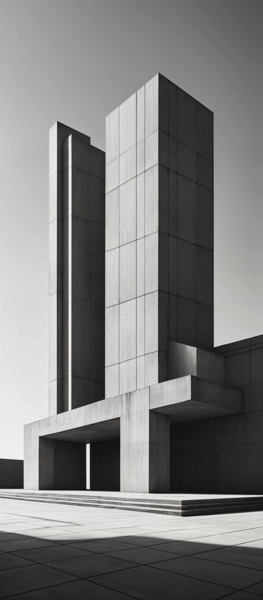 The image showcases a monochromatic, possibly black and white, architectural photograph. The primary focus is on a large, imposing building with a brutalist design. The building is made of concrete and has a rectangular shape with multiple panels. It stands tall against a clear sky, and its shadow is cast on the ground below. The ground itself is paved with square tiles, and the entire scene exudes a sense of minimalism and modernity.